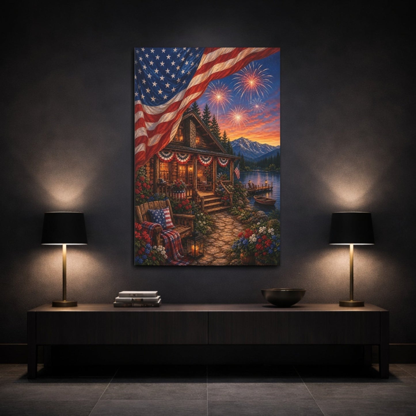Nature Patriotic Cabin Landscape Canvas Print – Rustic Decor for Living Room, Above Couch - YesArtYes