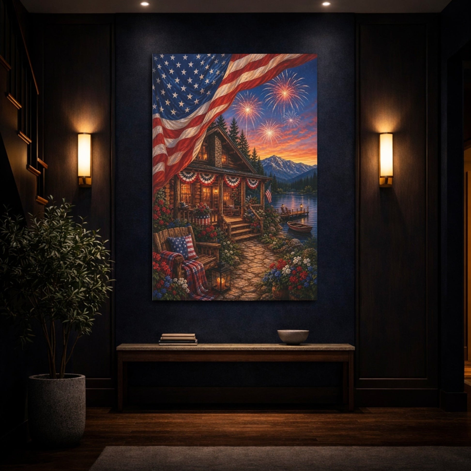 Nature Patriotic Cabin Landscape Canvas Print – Rustic Decor for Living Room, Above Couch - YesArtYes
