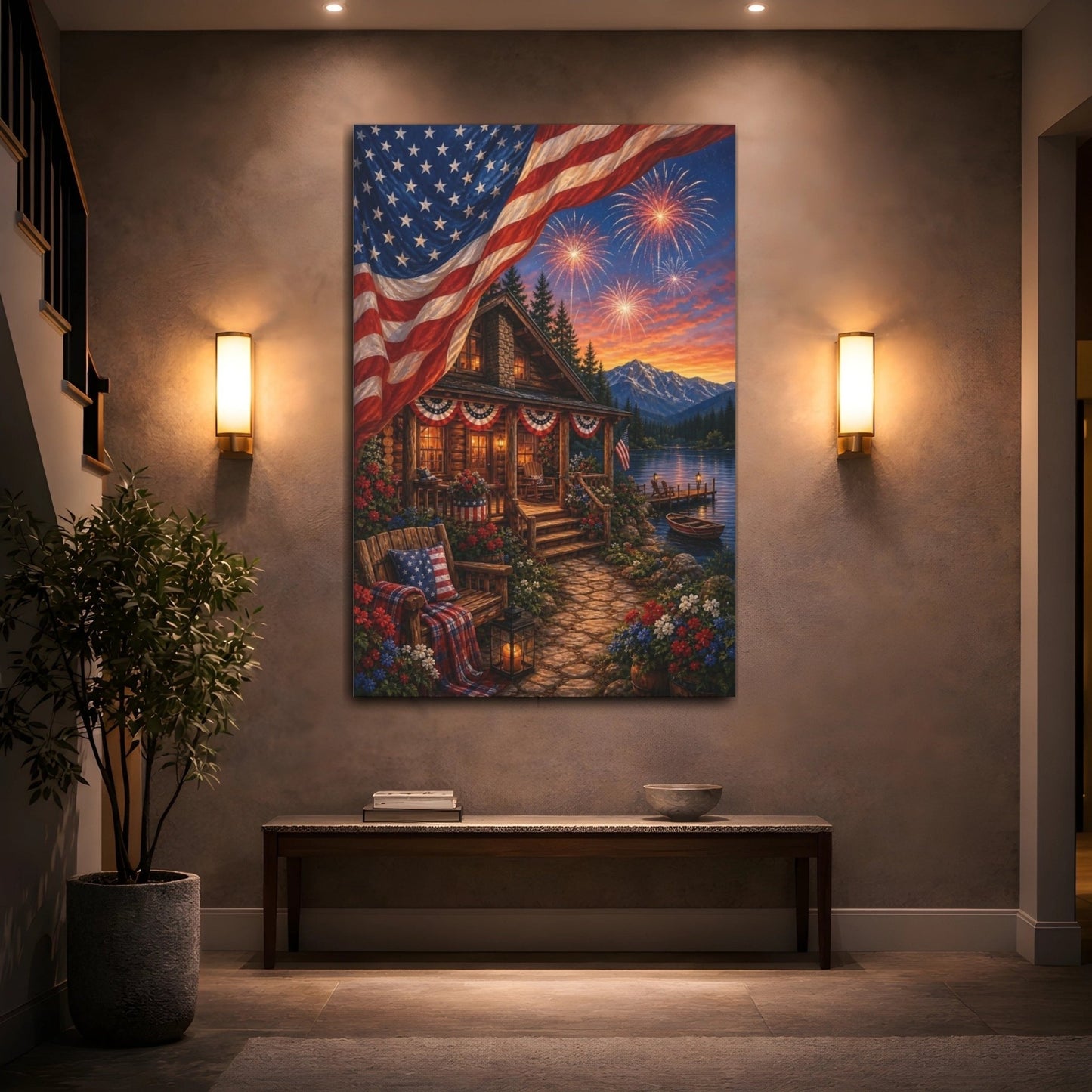 Nature Patriotic Cabin Landscape Canvas Print – Rustic Decor for Living Room, Above Couch - YesArtYes