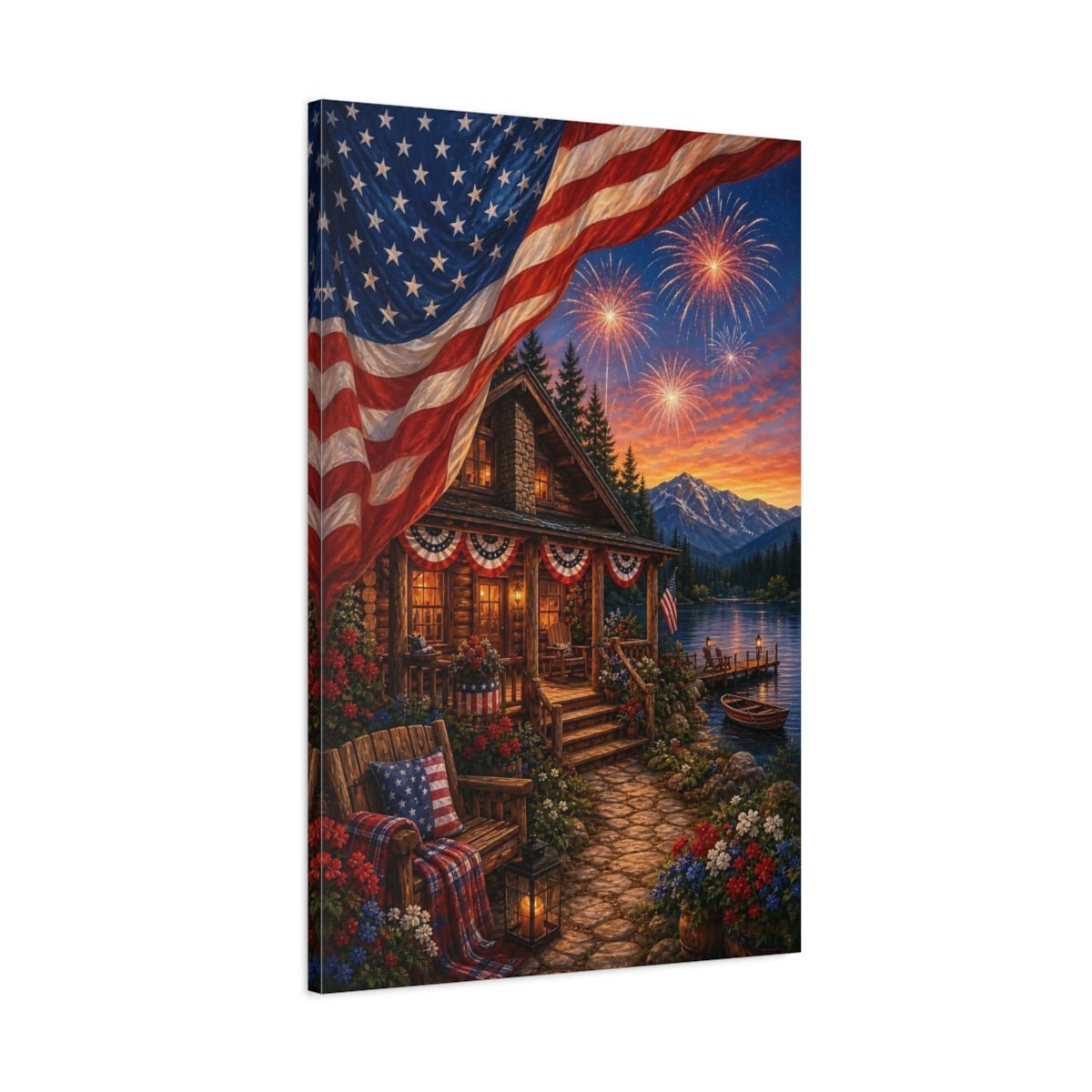 Nature Patriotic Cabin Landscape Canvas Print – Rustic Decor for Living Room, Above Couch - YesArtYes