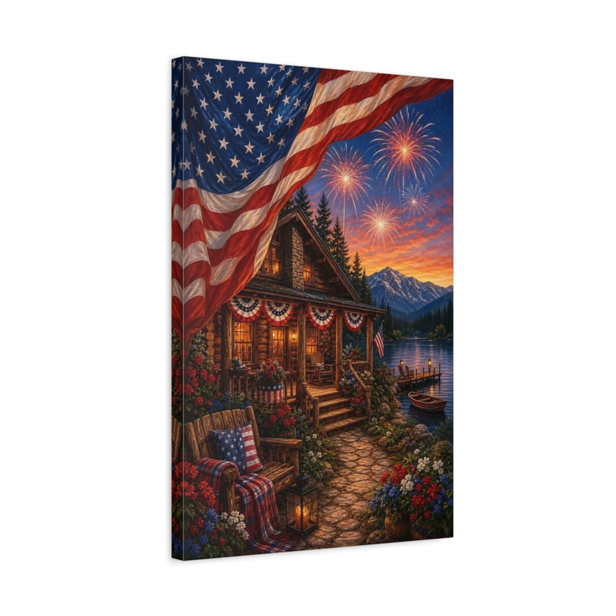 Nature Patriotic Cabin Landscape Canvas Print – Rustic Decor for Living Room, Above Couch - YesArtYes