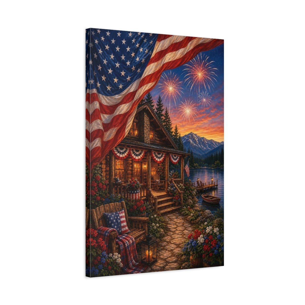 Nature Patriotic Cabin Landscape Canvas Print – Rustic Decor for Living Room, Above Couch - YesArtYes