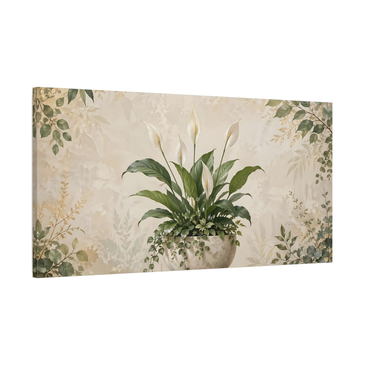Main Mockup. Nature Peace Lily Green And Beige shown as stretched canvas wall art