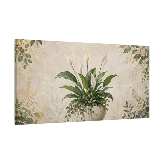 Main Mockup. Nature Peace Lily Green And Beige shown as stretched canvas wall art