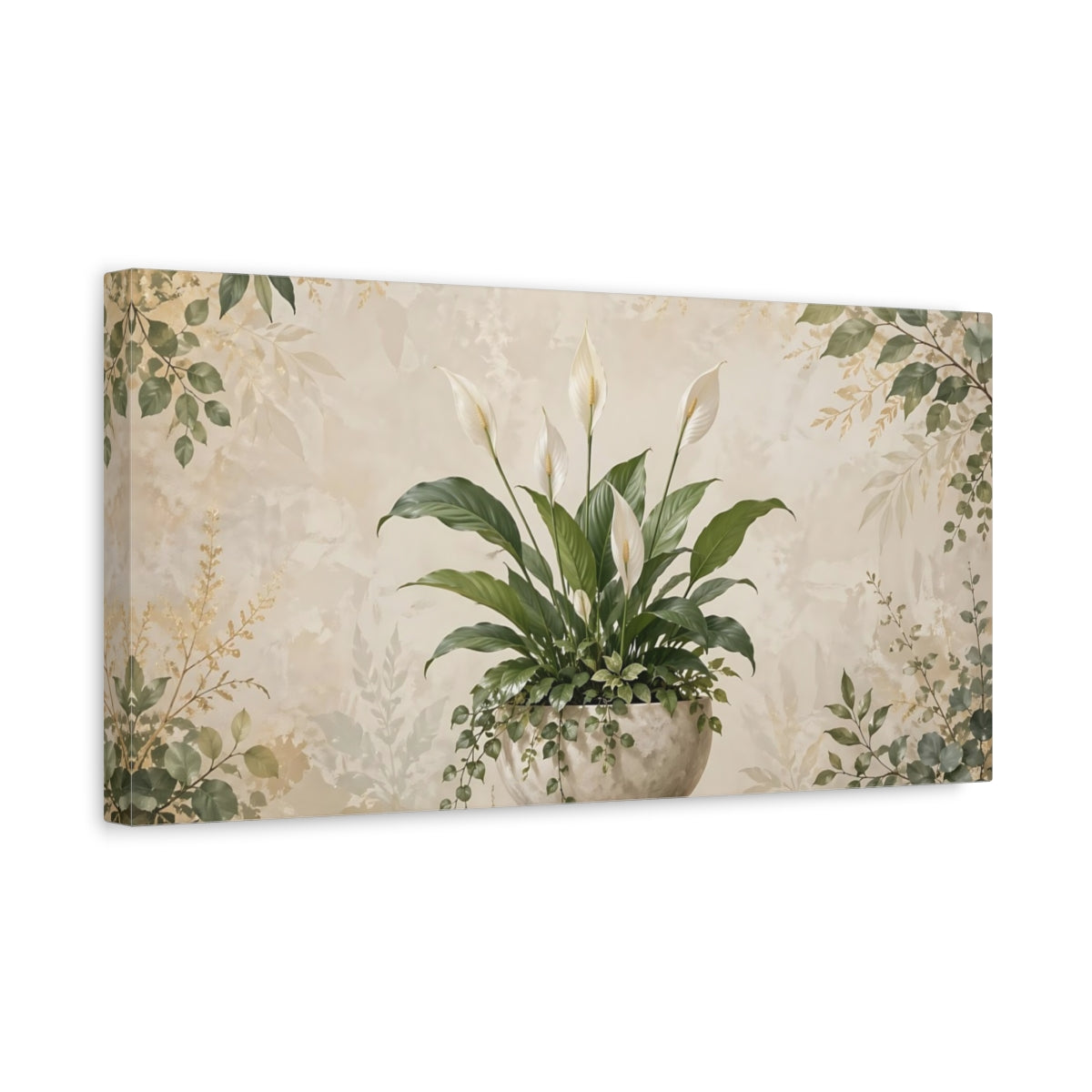 Side Mockup 3. Nature Peace Lily Green And Beige shown as stretched canvas wall art
