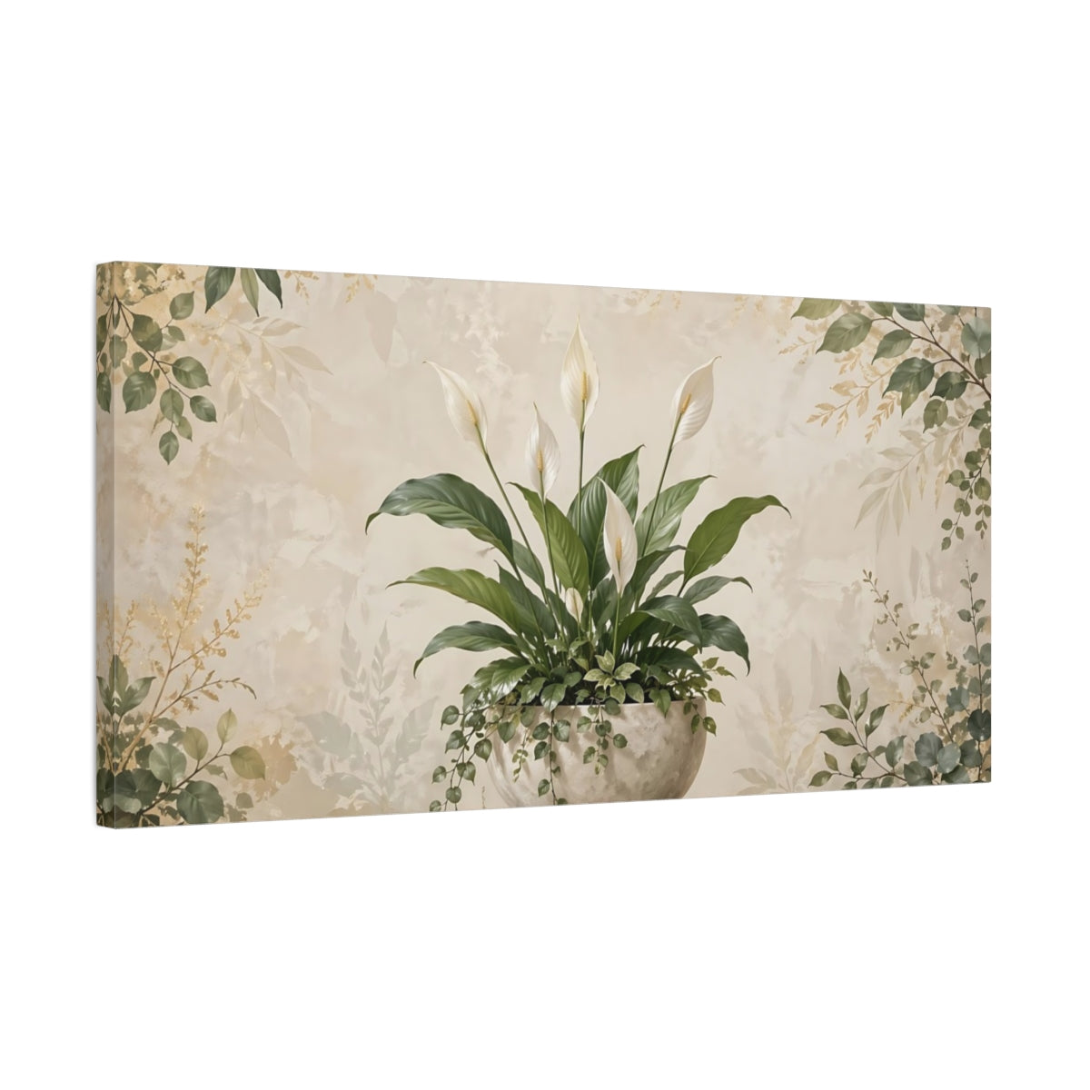Side Mockup 1. Nature Peace Lily Green And Beige shown as stretched canvas wall art
