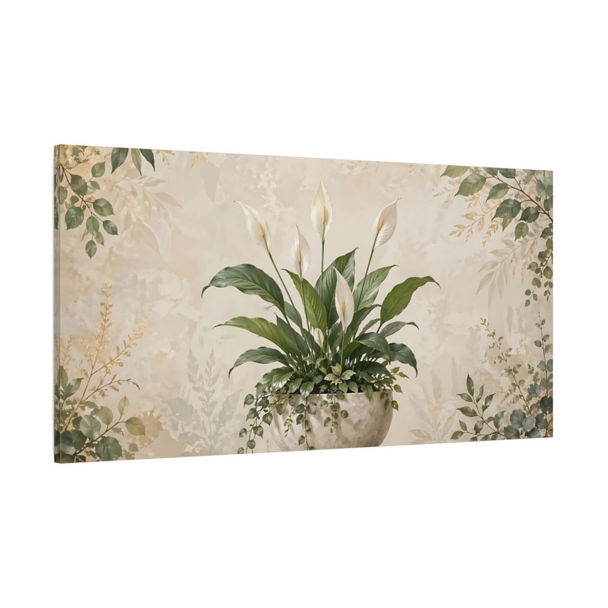 Side Mockup 2. Nature Peace Lily Green And Beige shown as stretched canvas wall art