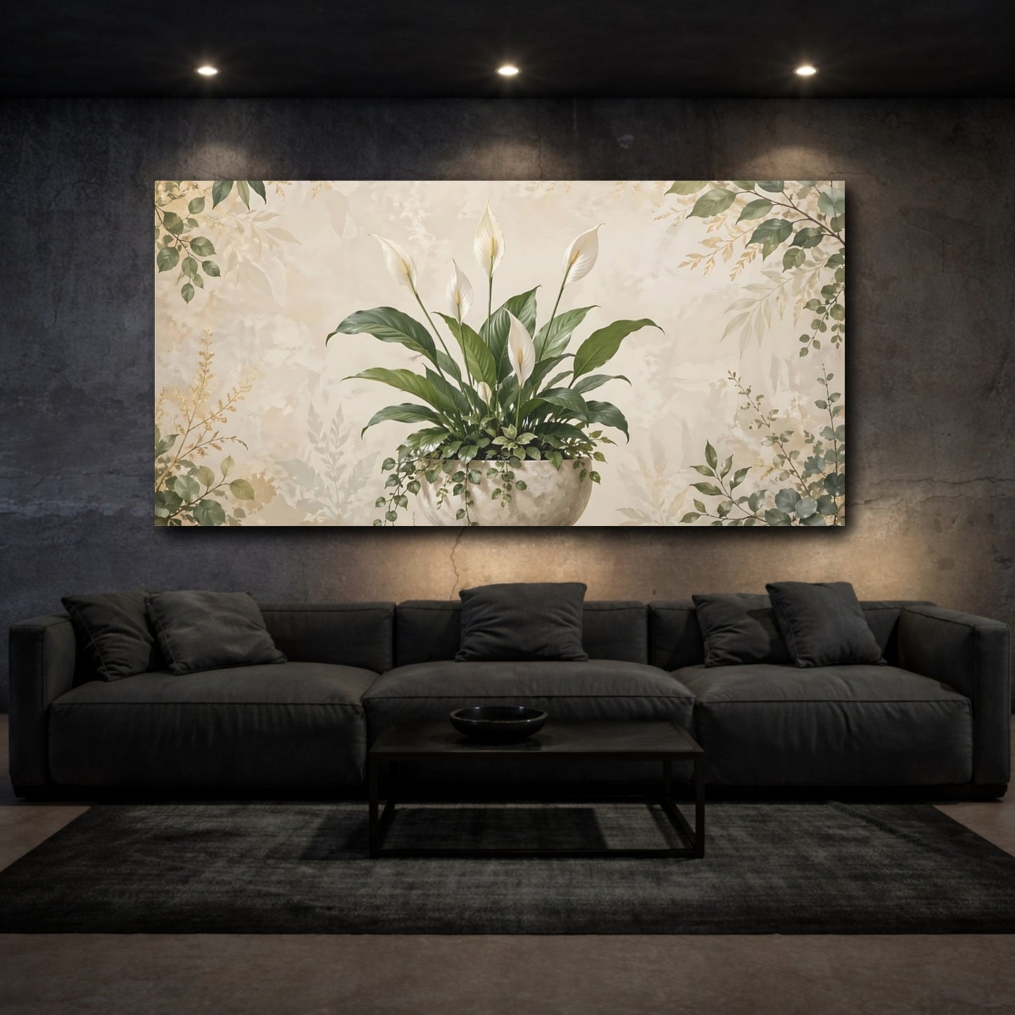 Mockup 2. Nature Peace Lily Green And Beige shown as stretched canvas wall art