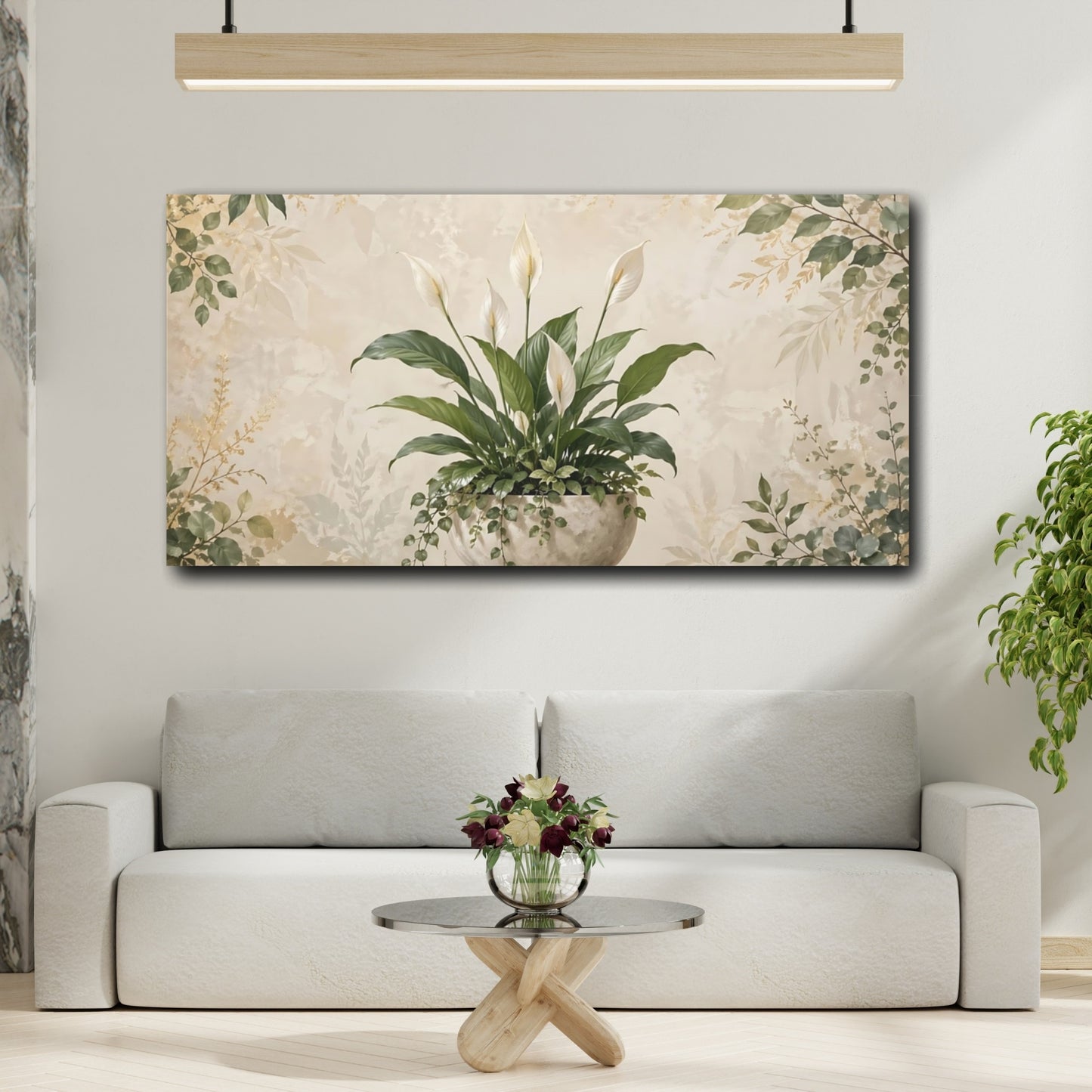 Mockup 3. Nature Peace Lily Green And Beige shown as stretched canvas wall art