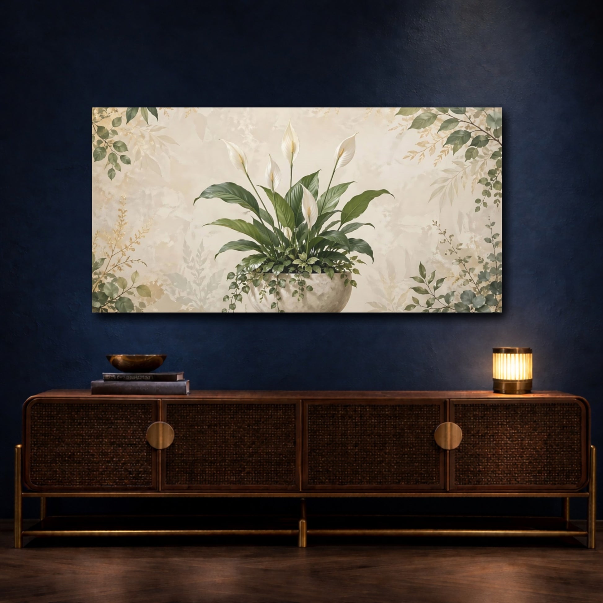 Mockup 4. Nature Peace Lily Green And Beige shown as stretched canvas wall art