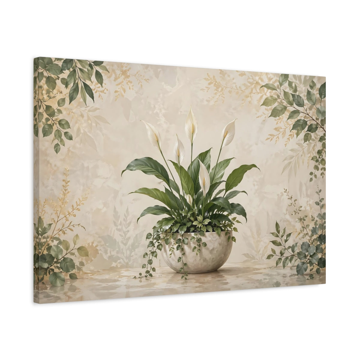 Side Mockup 2. Nature Peace Lily Green Peace Lily shown as stretched canvas wall art