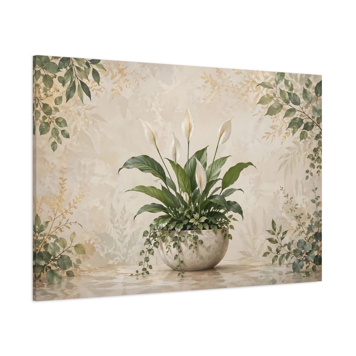 Side Mockup 1. Nature Peace Lily Green Peace Lily shown as stretched canvas wall art