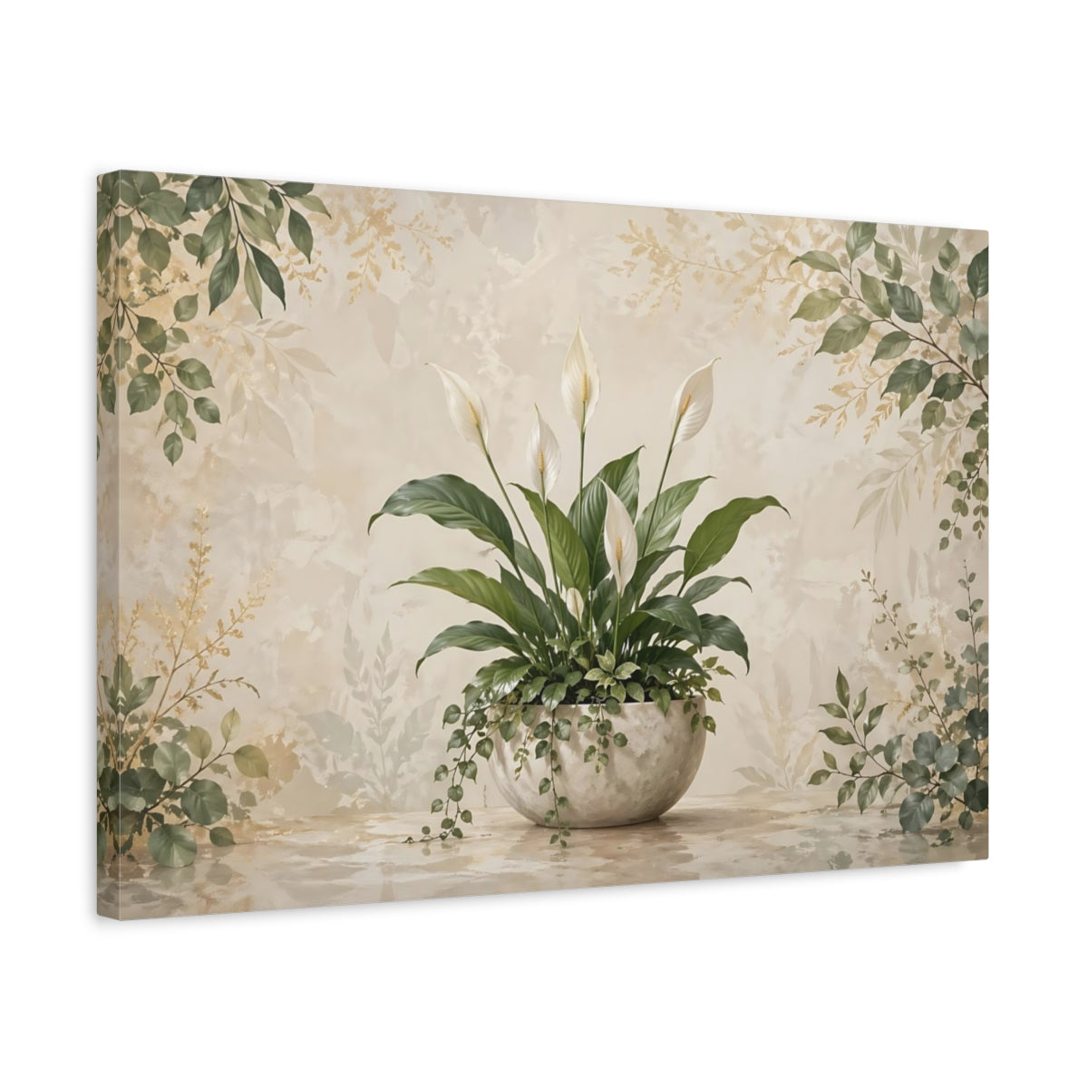 Side Mockup 3. Nature Peace Lily Green Peace Lily shown as stretched canvas wall art