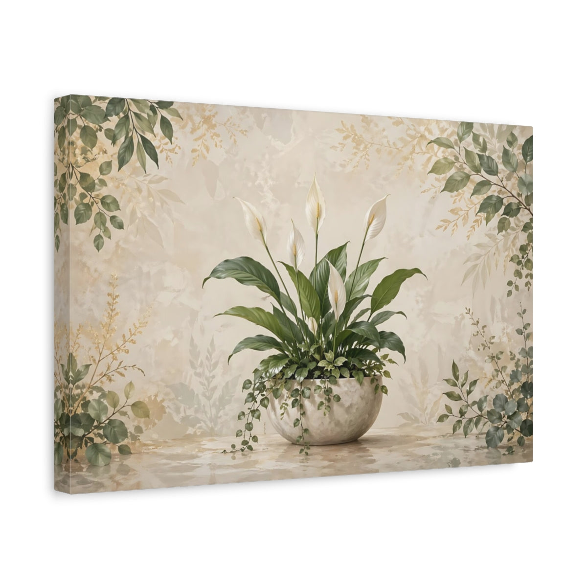 Side Mockup 4. Nature Peace Lily Green Peace Lily shown as stretched canvas wall art