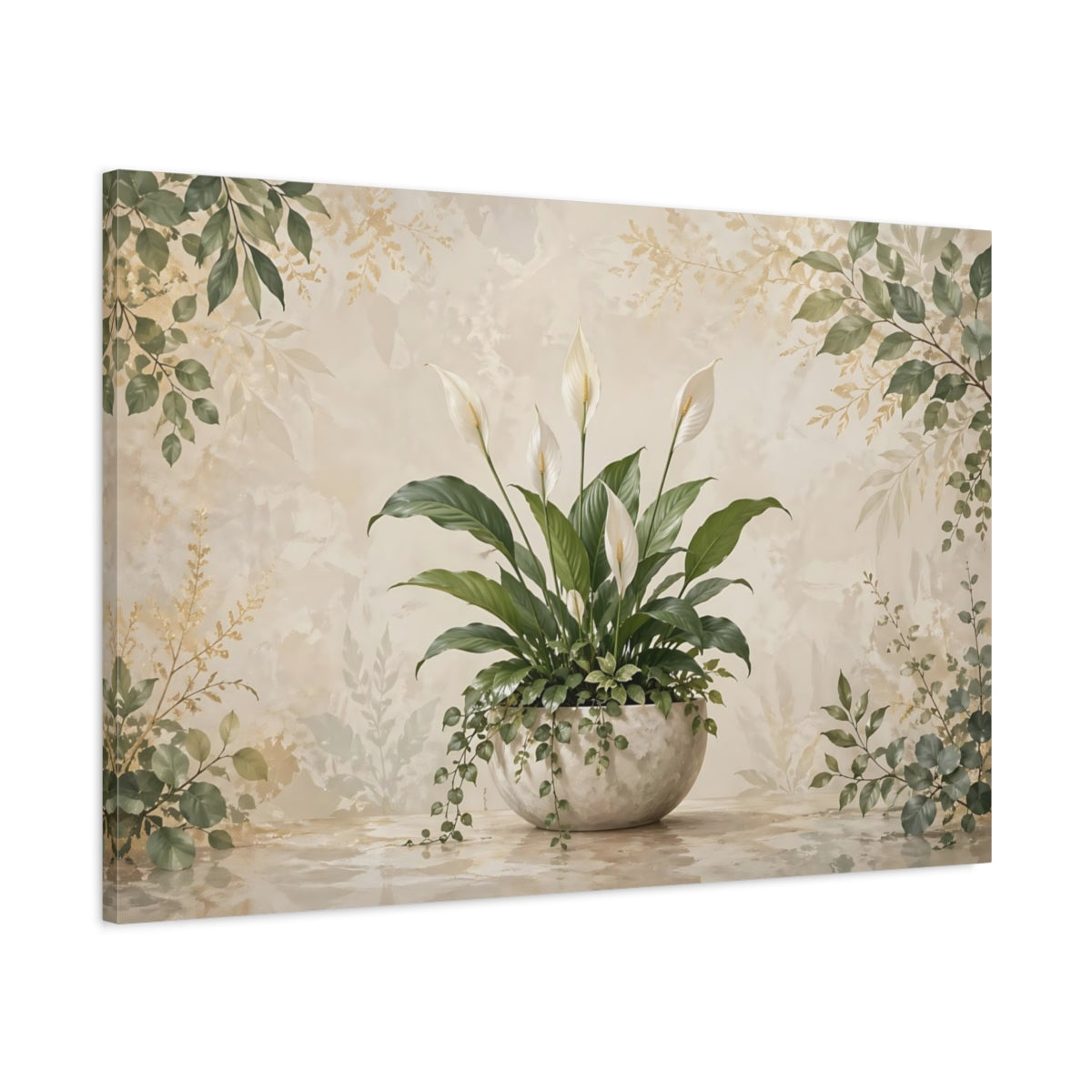 Main Mockup. Nature Peace Lily Green Peace Lily shown as stretched canvas wall art