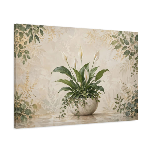 Main Mockup. Nature Peace Lily Green Peace Lily shown as stretched canvas wall art