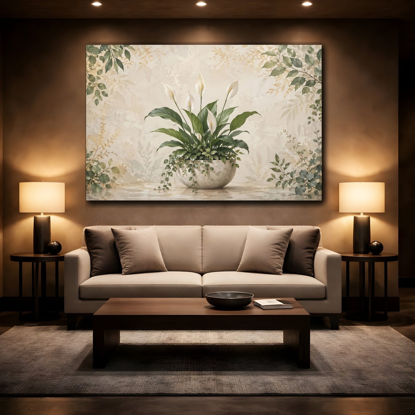 Mockup 2. Nature Peace Lily Green Peace Lily shown as stretched canvas wall art