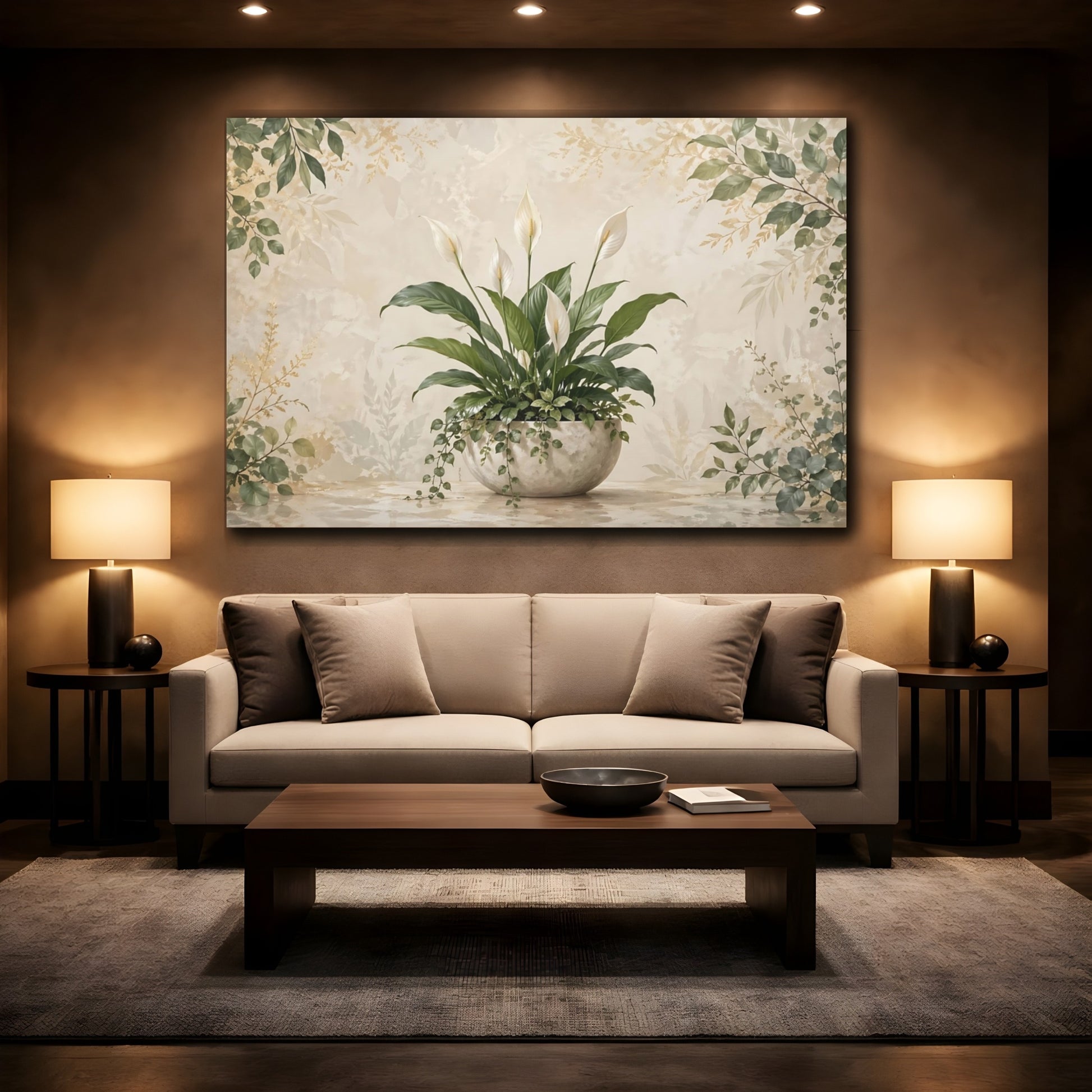 Mockup 2. Nature Peace Lily Green Peace Lily shown as stretched canvas wall art