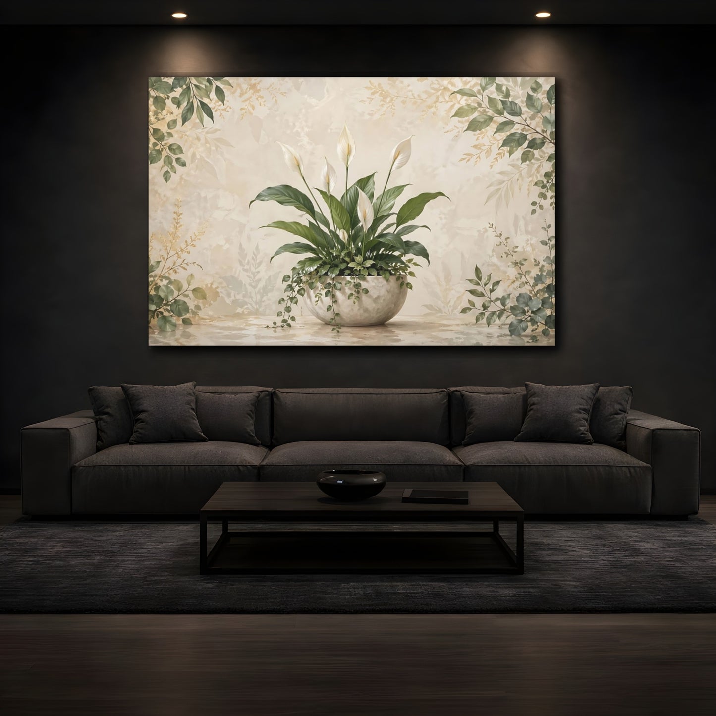 Mockup 3. Nature Peace Lily Green Peace Lily shown as stretched canvas wall art