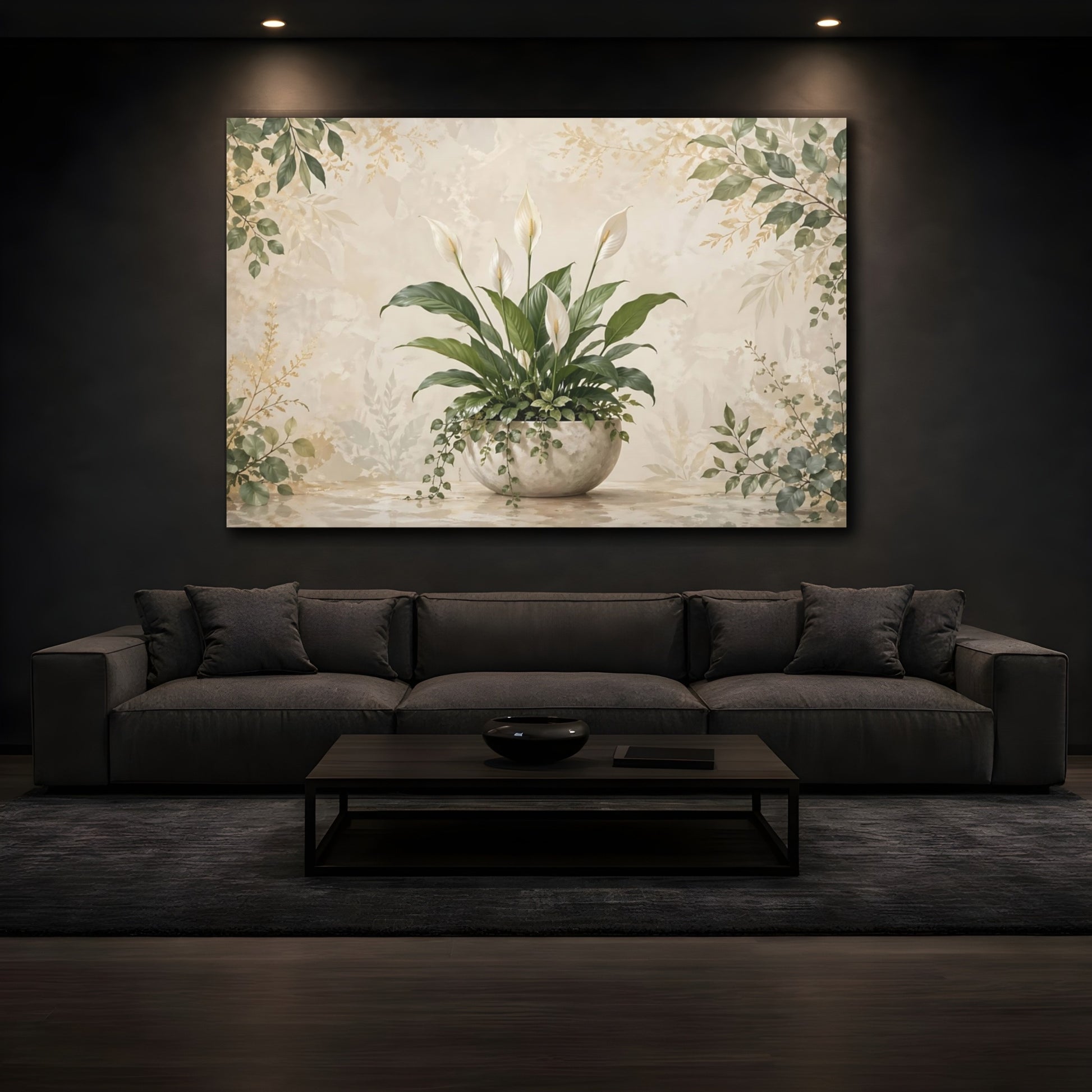 Mockup 3. Nature Peace Lily Green Peace Lily shown as stretched canvas wall art