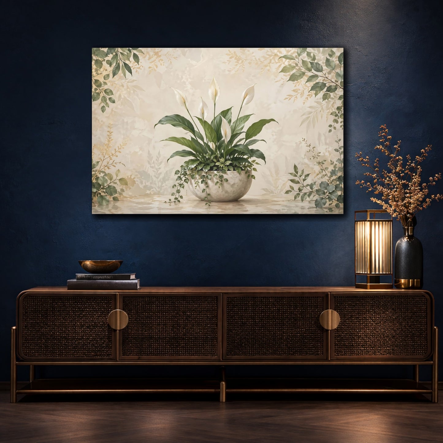 Mockup 4. Nature Peace Lily Green Peace Lily shown as stretched canvas wall art
