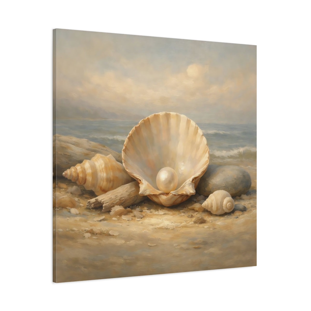 Main Mockup. Nature Pearl In Shell Seashell Beach shown as stretched canvas wall art