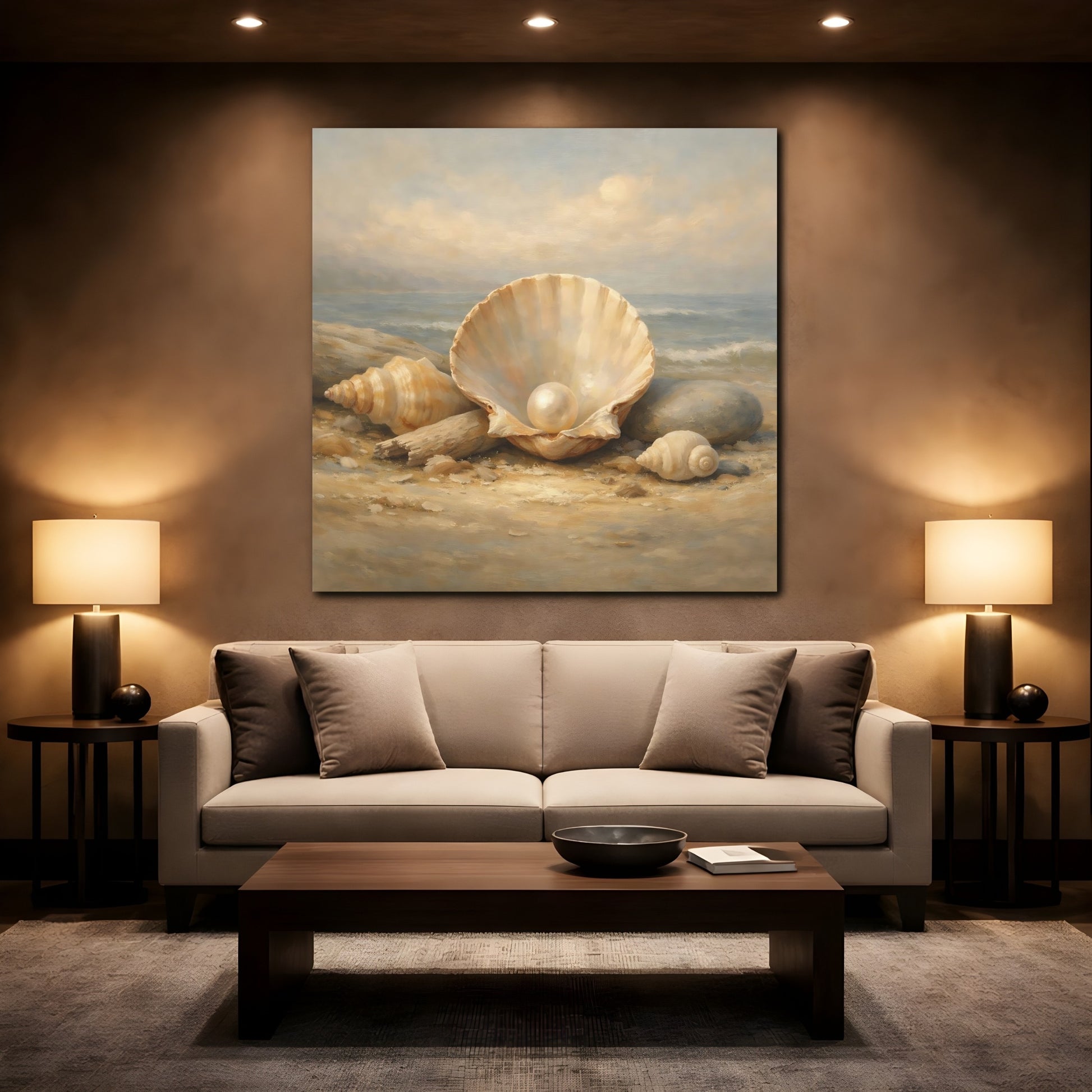Mockup 2. Nature Pearl In Shell Seashell Beach shown as stretched canvas wall art