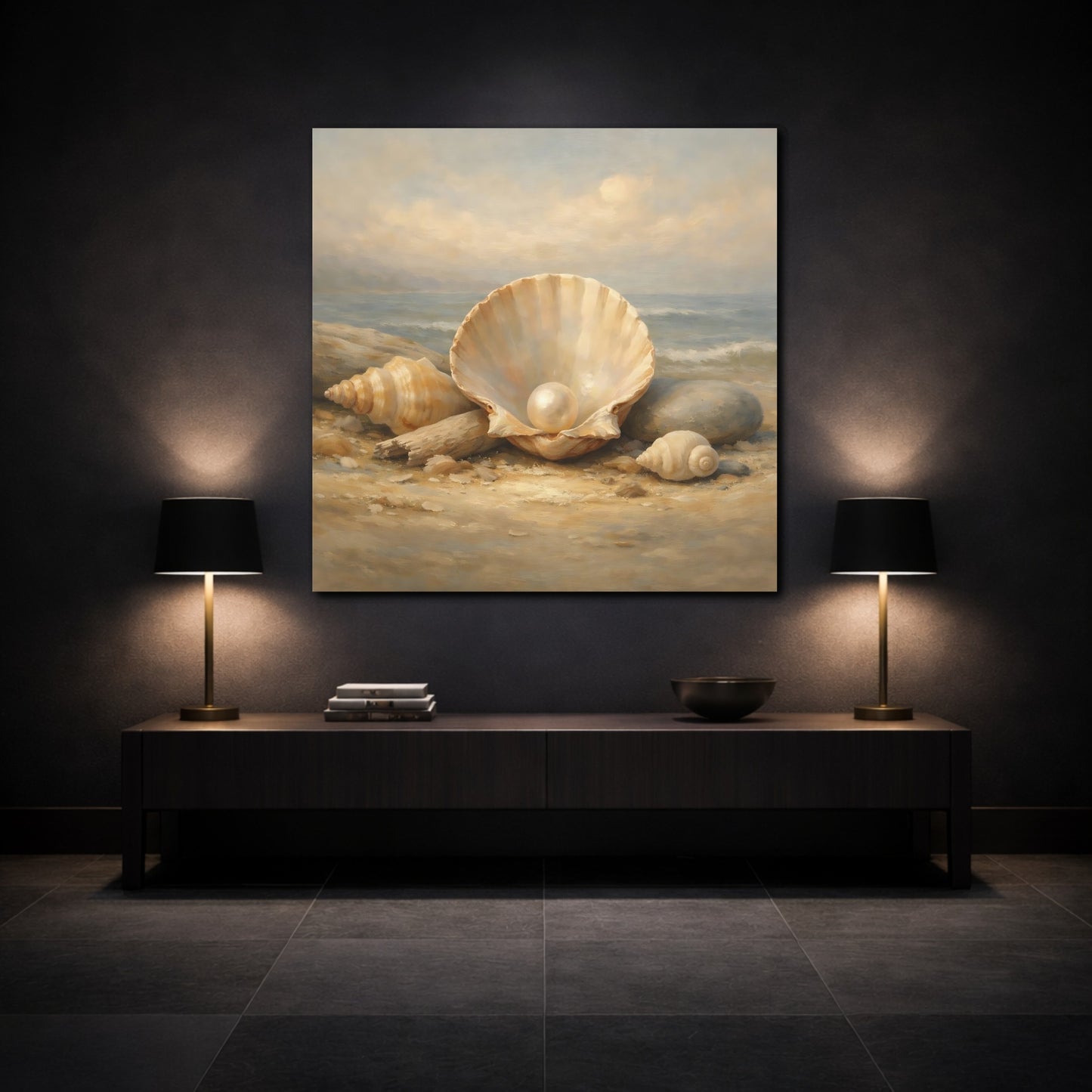Mockup 3. Nature Pearl In Shell Seashell Beach shown as stretched canvas wall art