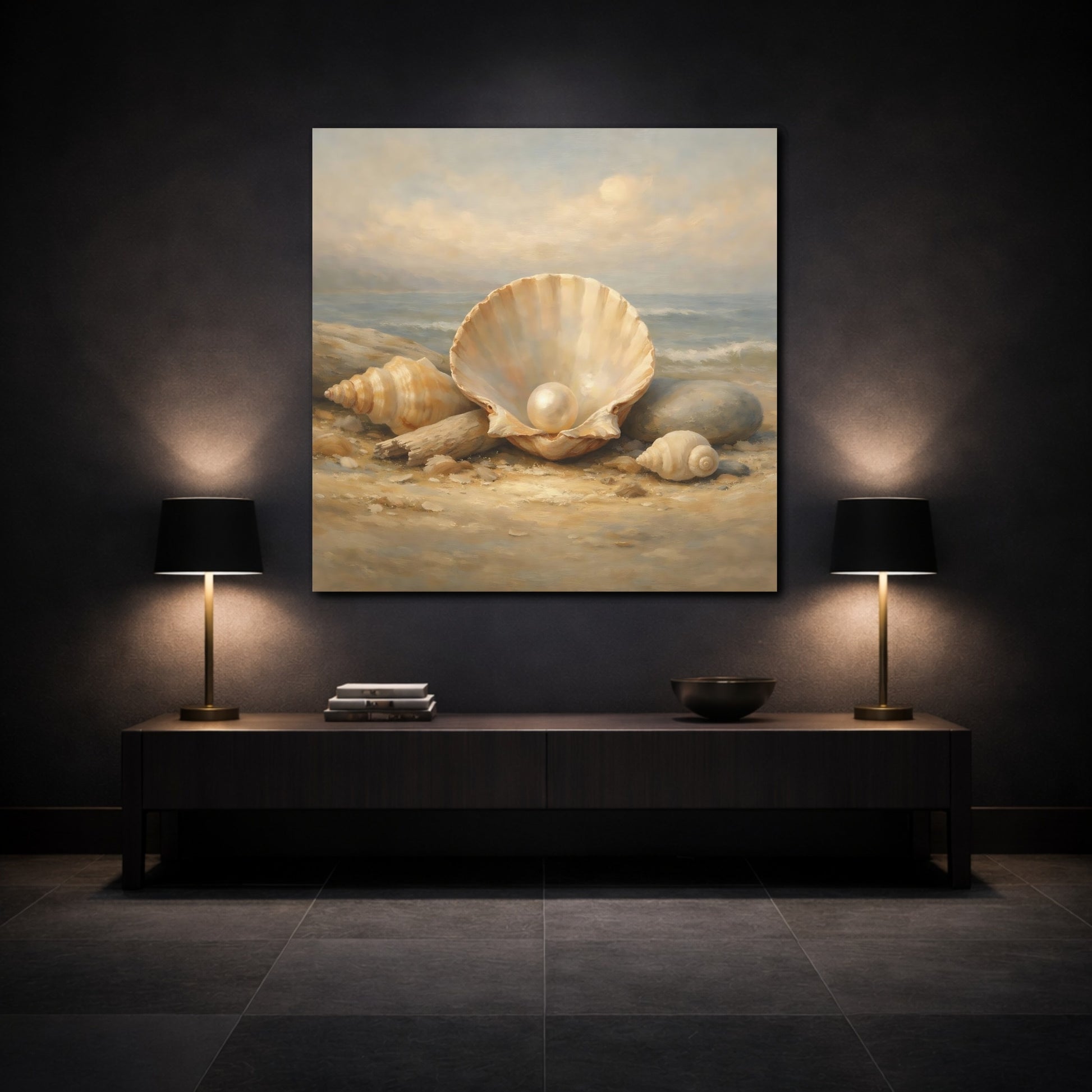 Mockup 3. Nature Pearl In Shell Seashell Beach shown as stretched canvas wall art