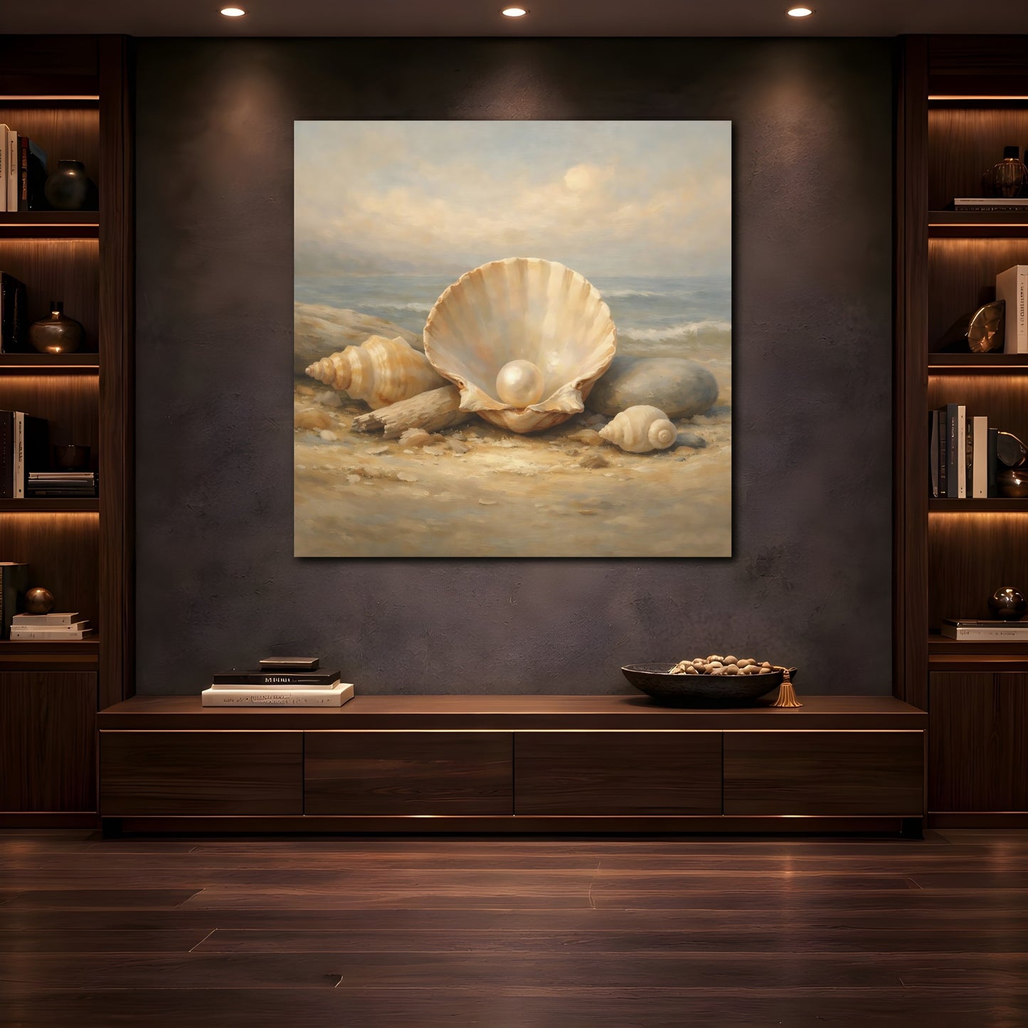 Mockup 4. Nature Pearl In Shell Seashell Beach shown as stretched canvas wall art