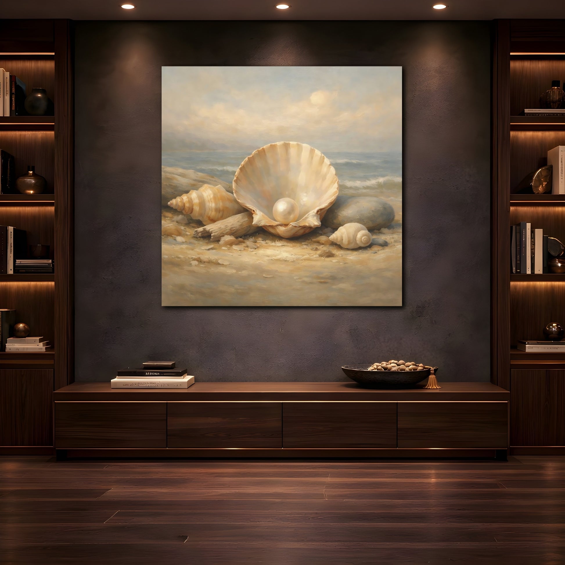 Mockup 4. Nature Pearl In Shell Seashell Beach shown as stretched canvas wall art