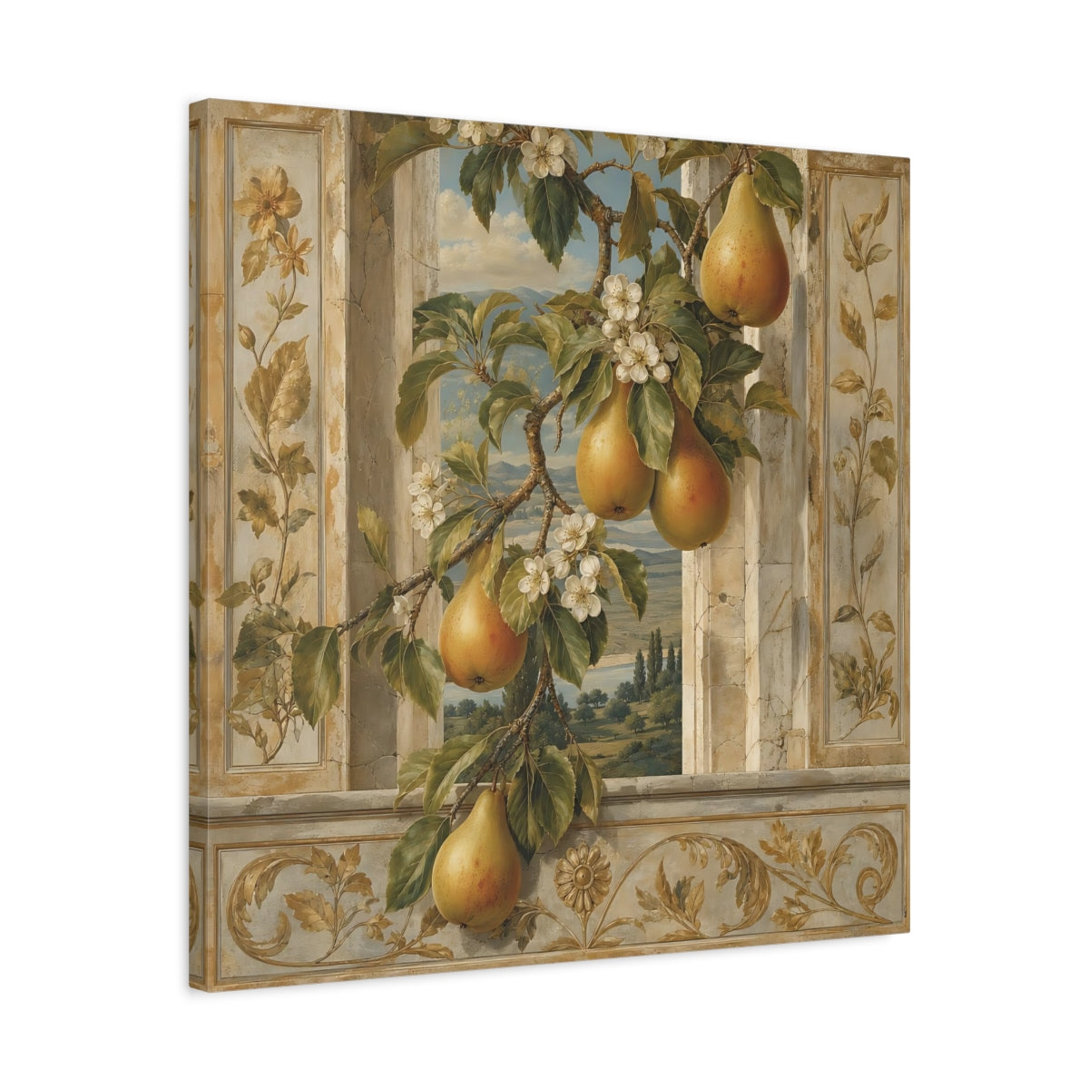 Side Mockup 4. Nature Pears Pears And Green shown as stretched canvas wall art