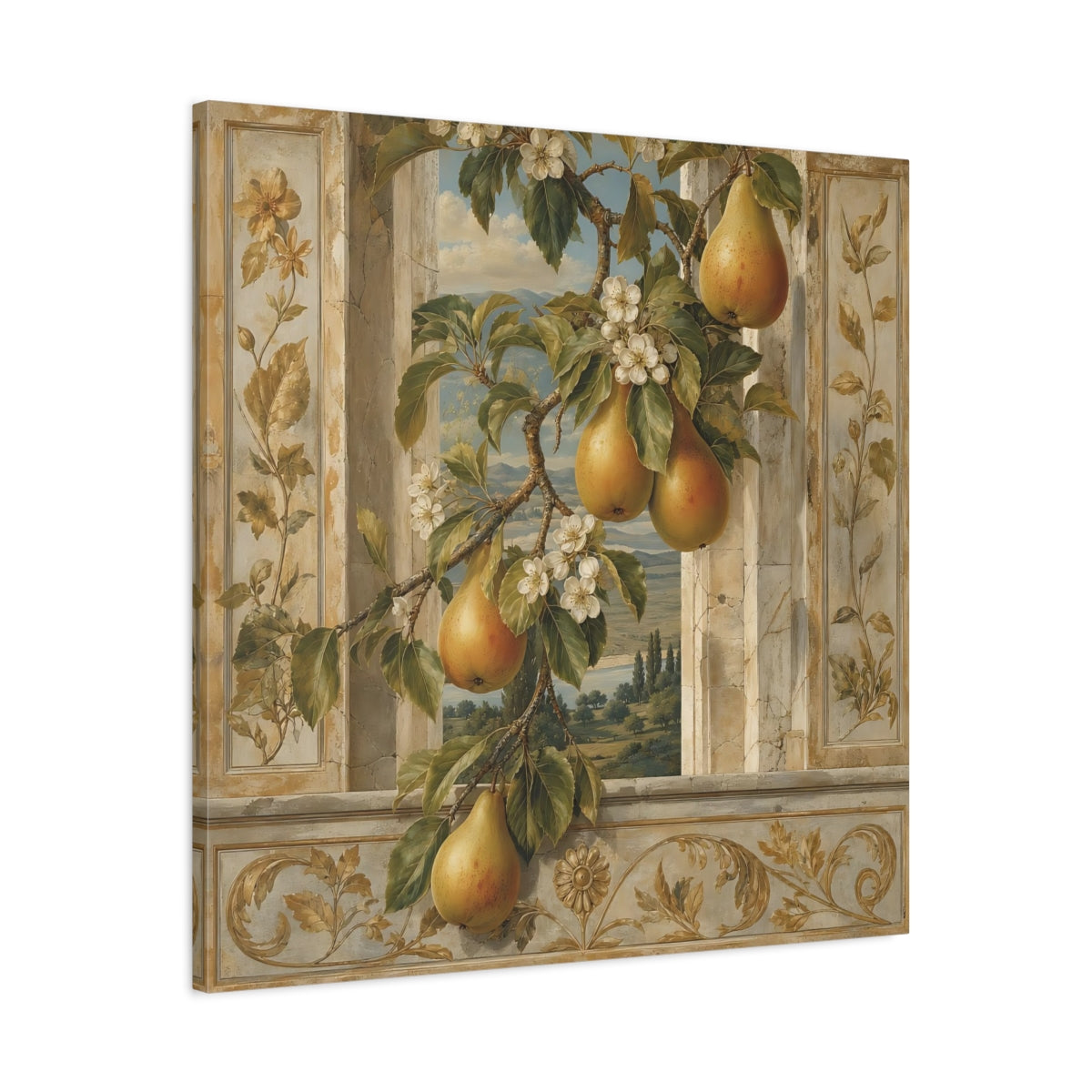 Side Mockup 3. Nature Pears Pears And Green shown as stretched canvas wall art