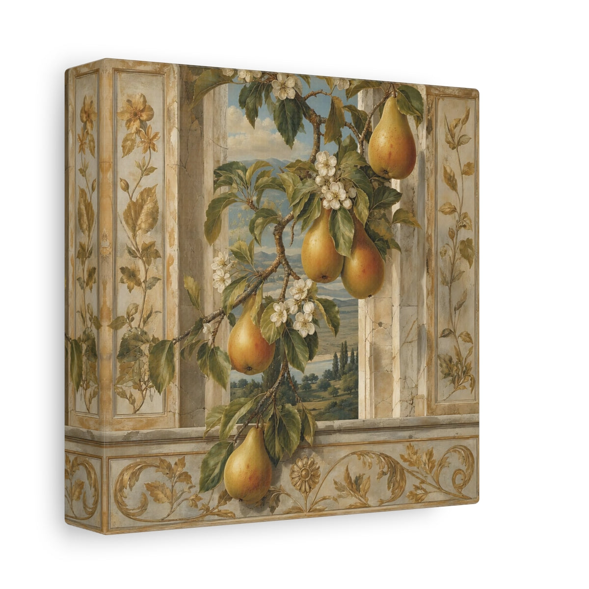 Side Mockup 2. Nature Pears Pears And Green shown as stretched canvas wall art