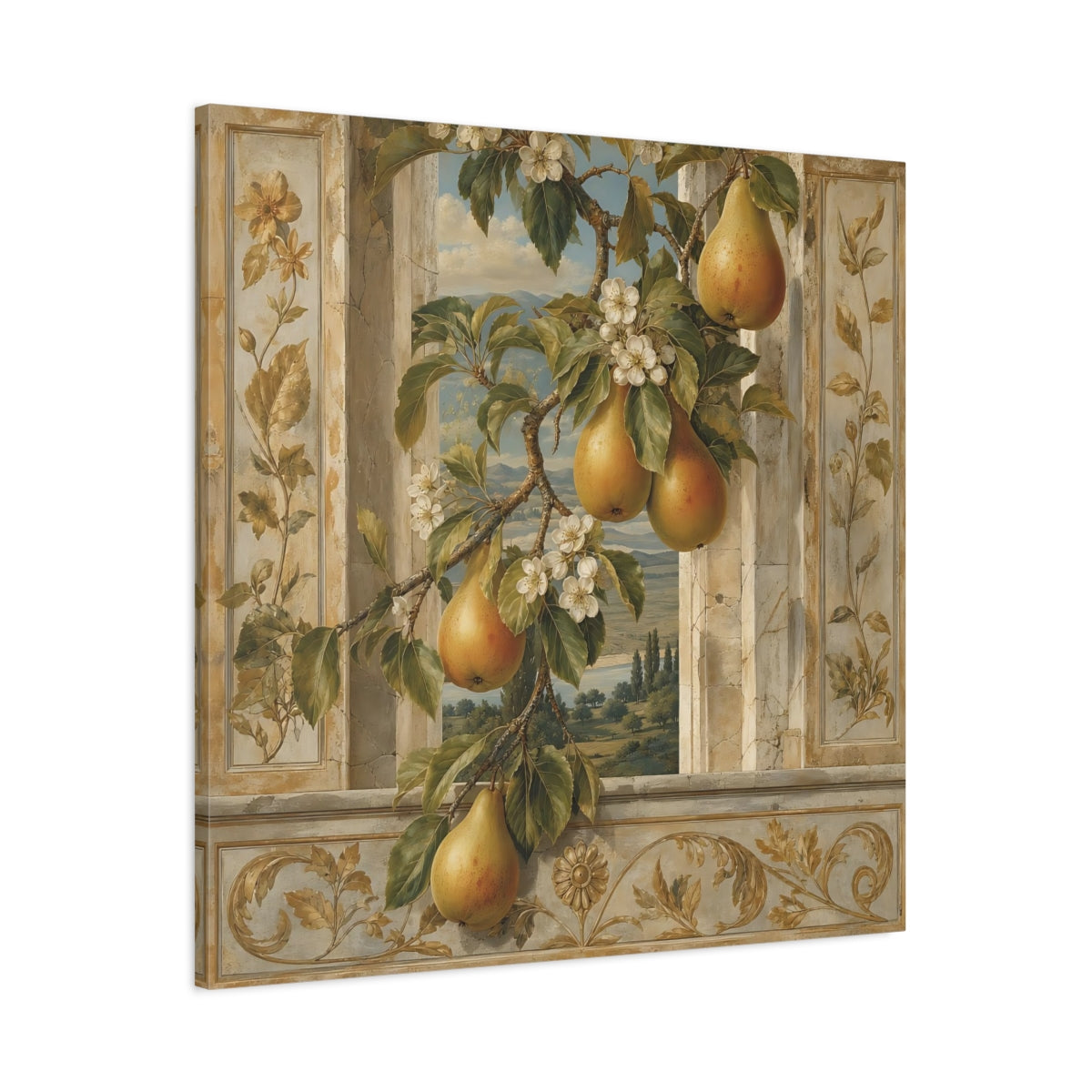 Main Mockup. Nature Pears Pears And Green shown as stretched canvas wall art