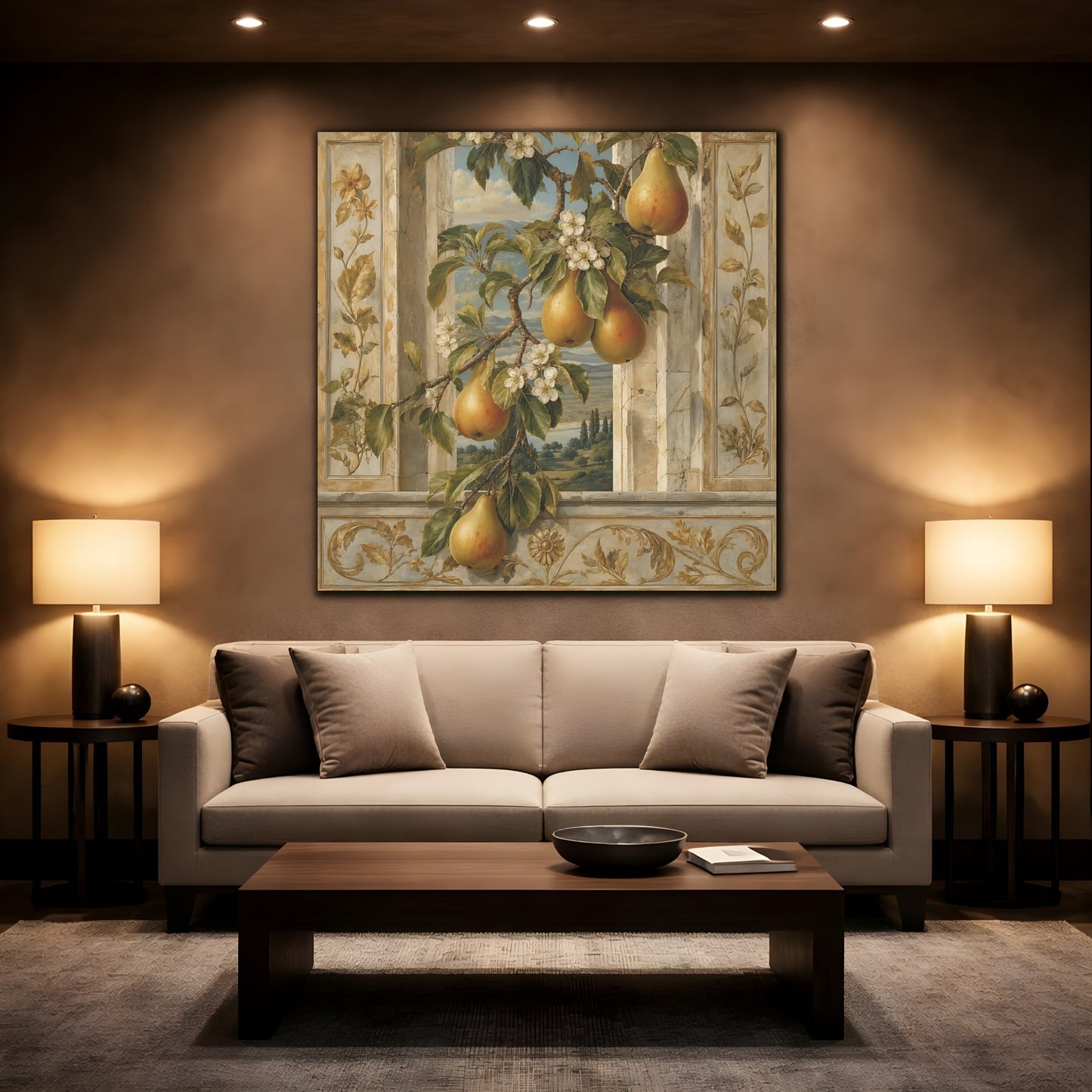 Mockup 2. Nature Pears Pears And Green shown as stretched canvas wall art