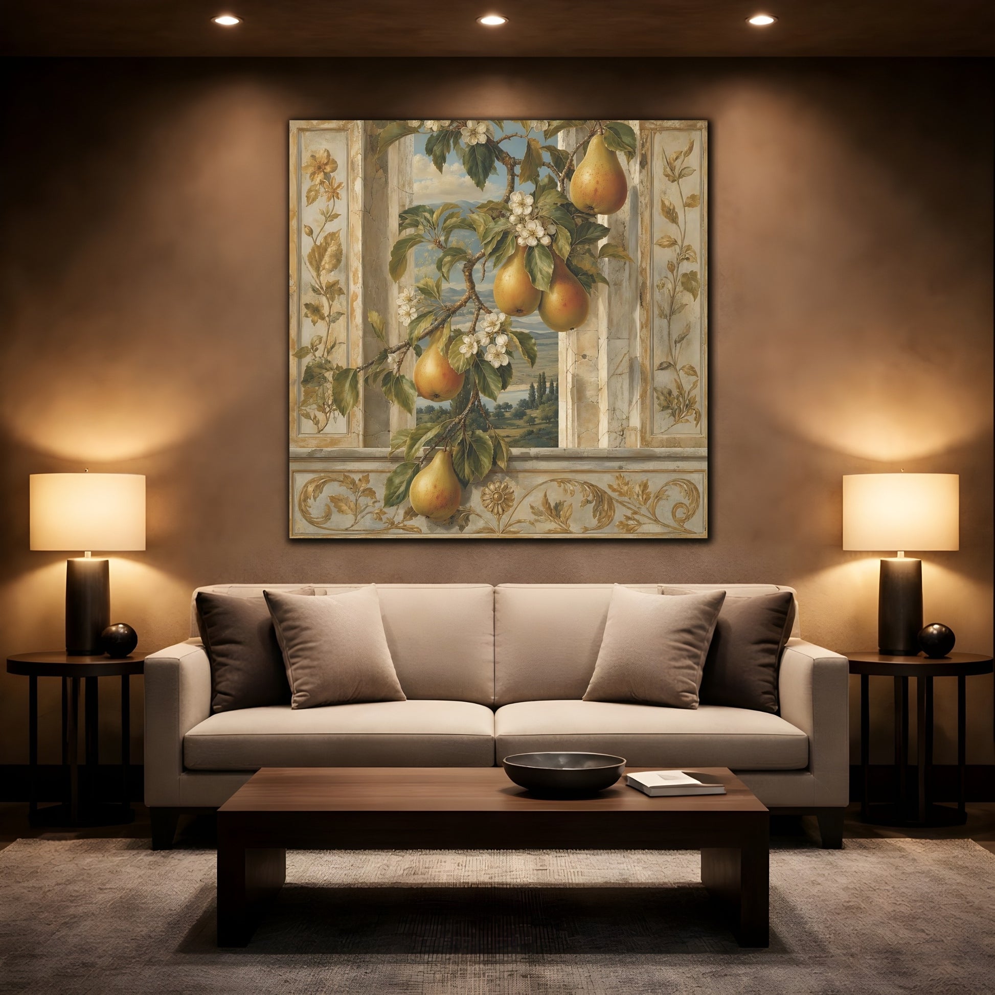 Mockup 2. Nature Pears Pears And Green shown as stretched canvas wall art