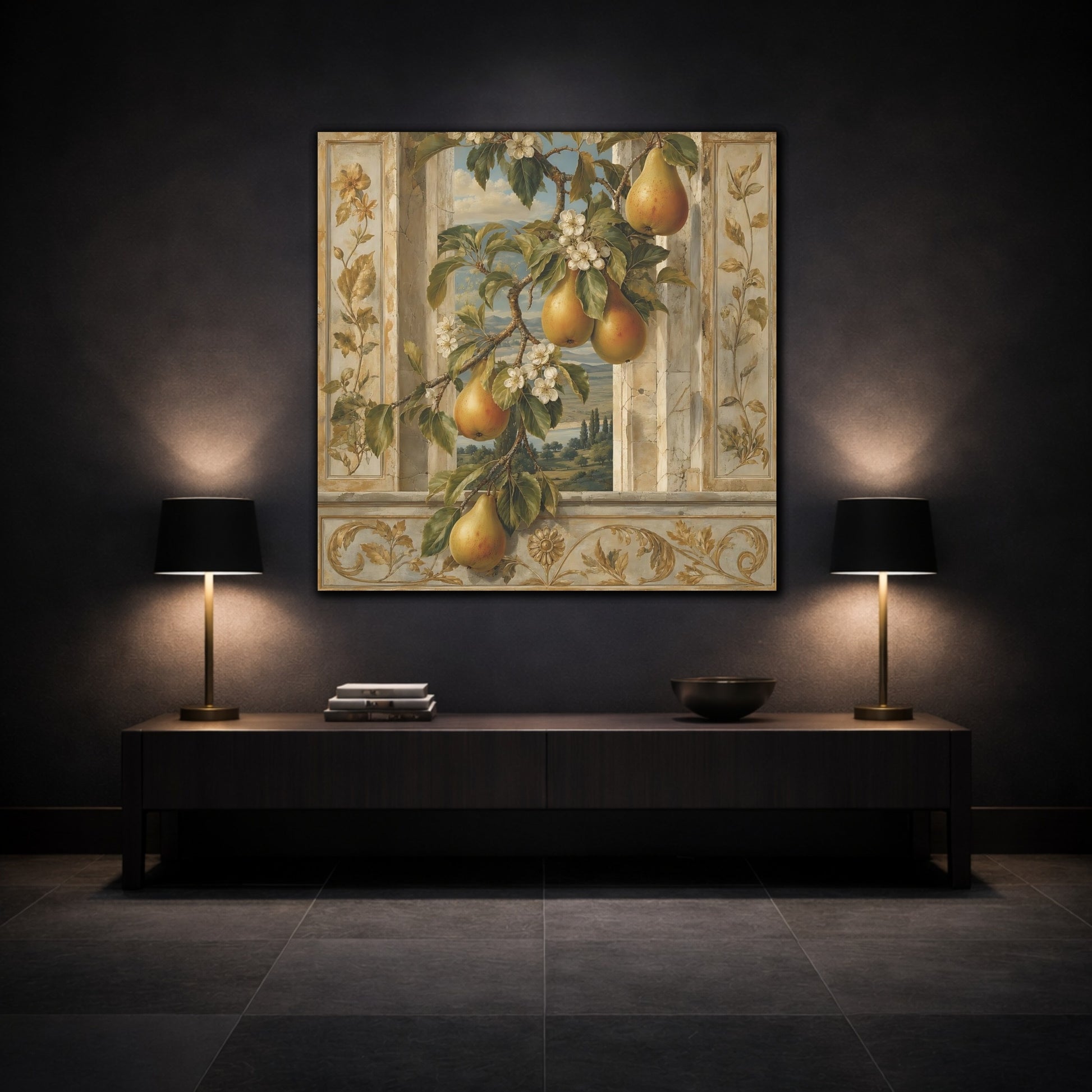 Mockup 3. Nature Pears Pears And Green shown as stretched canvas wall art