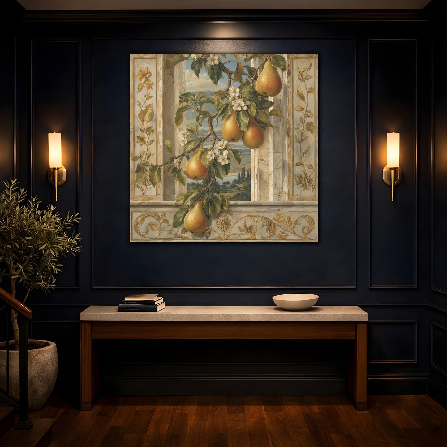 Mockup 4. Nature Pears Pears And Green shown as stretched canvas wall art