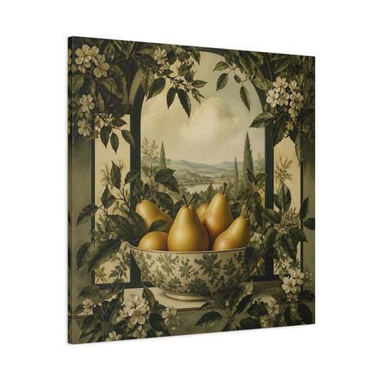 Main Mockup. Nature Pears Vintage Fruit Bowl shown as stretched canvas wall art