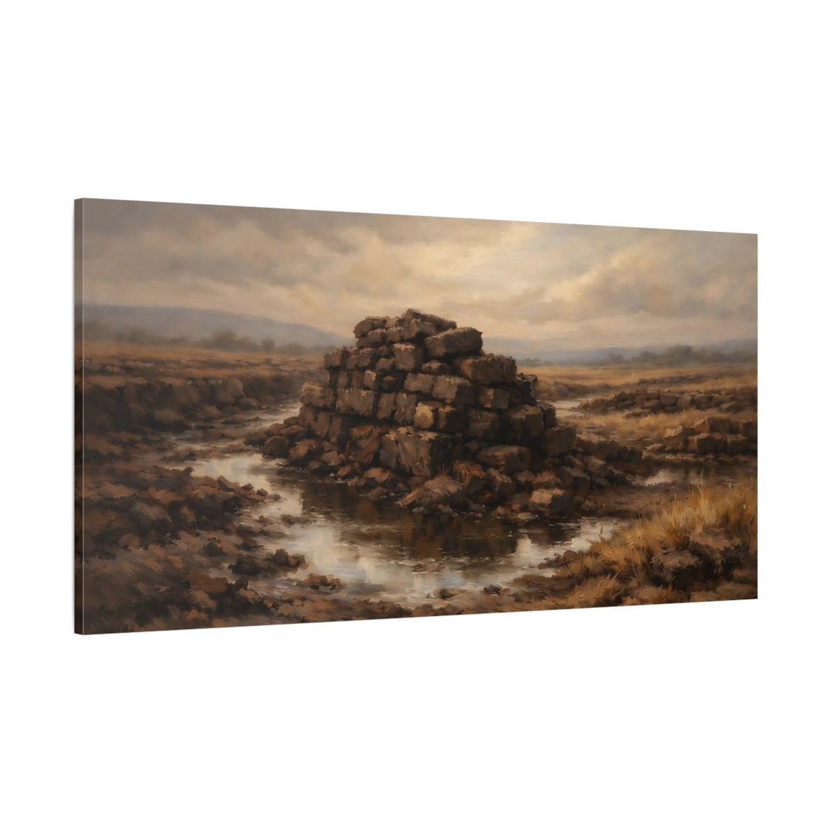 Main Mockup. Nature Peat Stack Brown And Grey shown as stretched canvas wall art