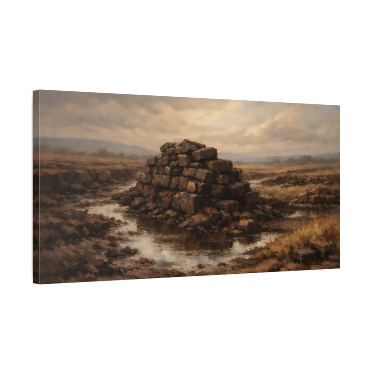 Side Mockup 2. Nature Peat Stack Brown And Grey shown as stretched canvas wall art