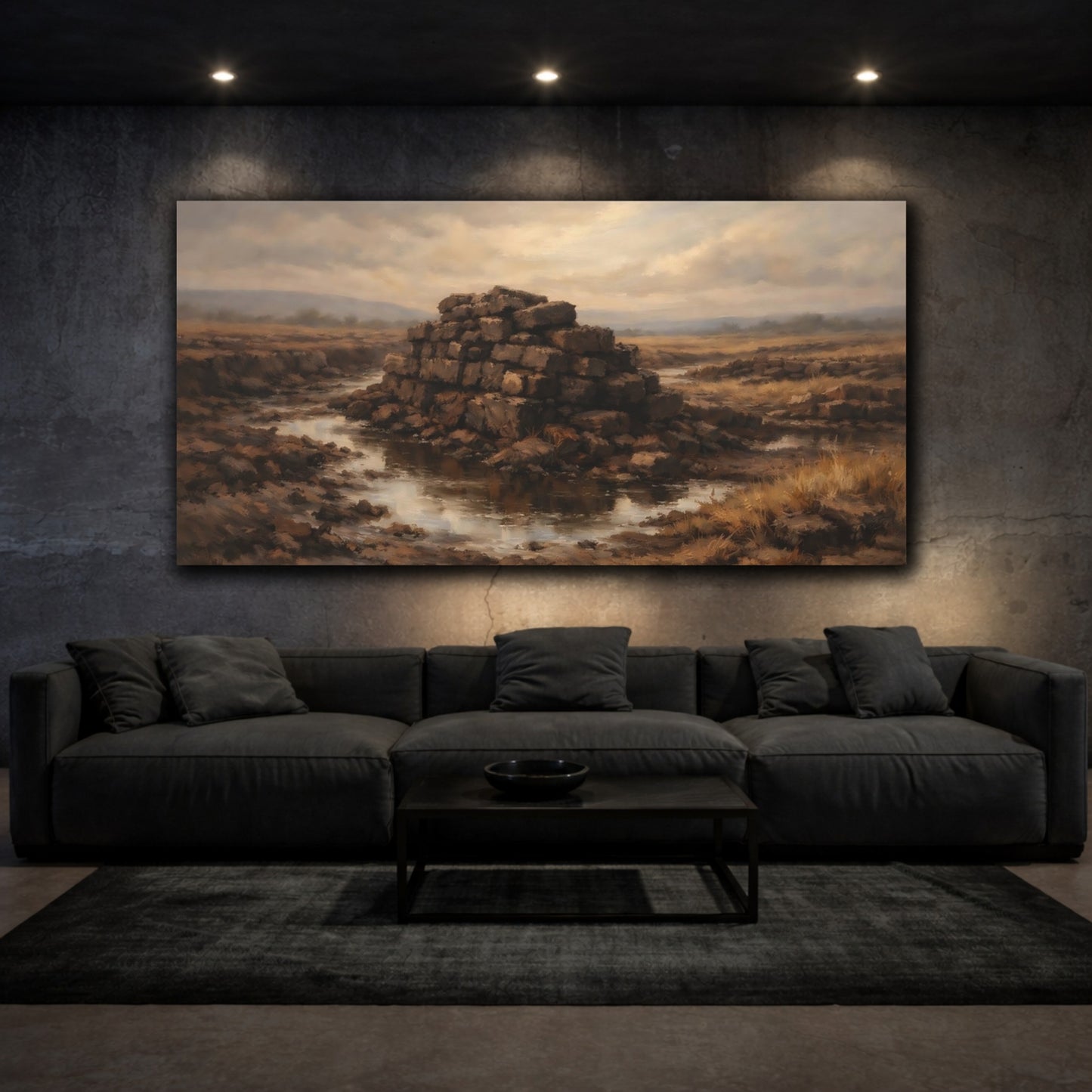 Mockup 2. Nature Peat Stack Brown And Grey shown as stretched canvas wall art