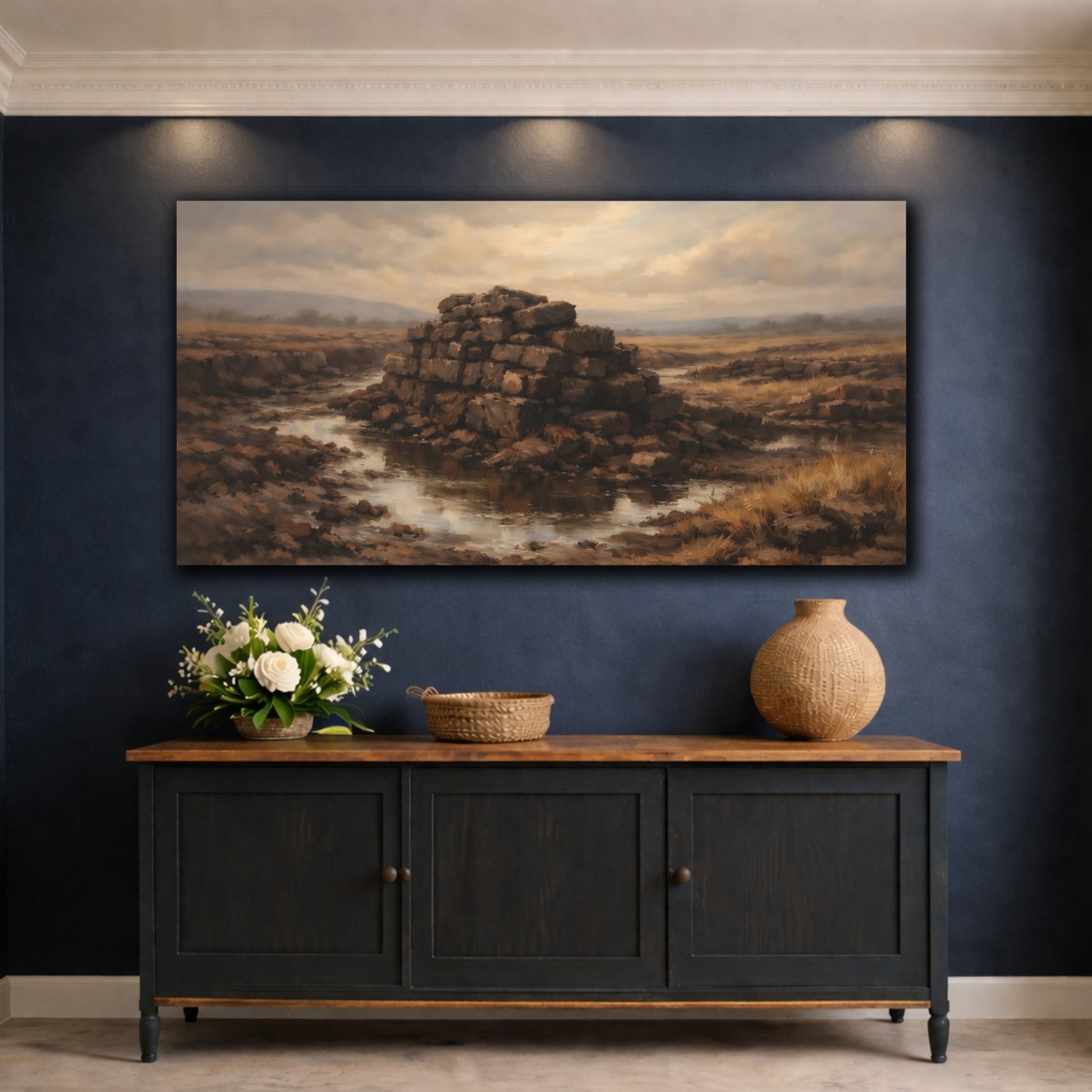 Mockup 4. Nature Peat Stack Brown And Grey shown as stretched canvas wall art