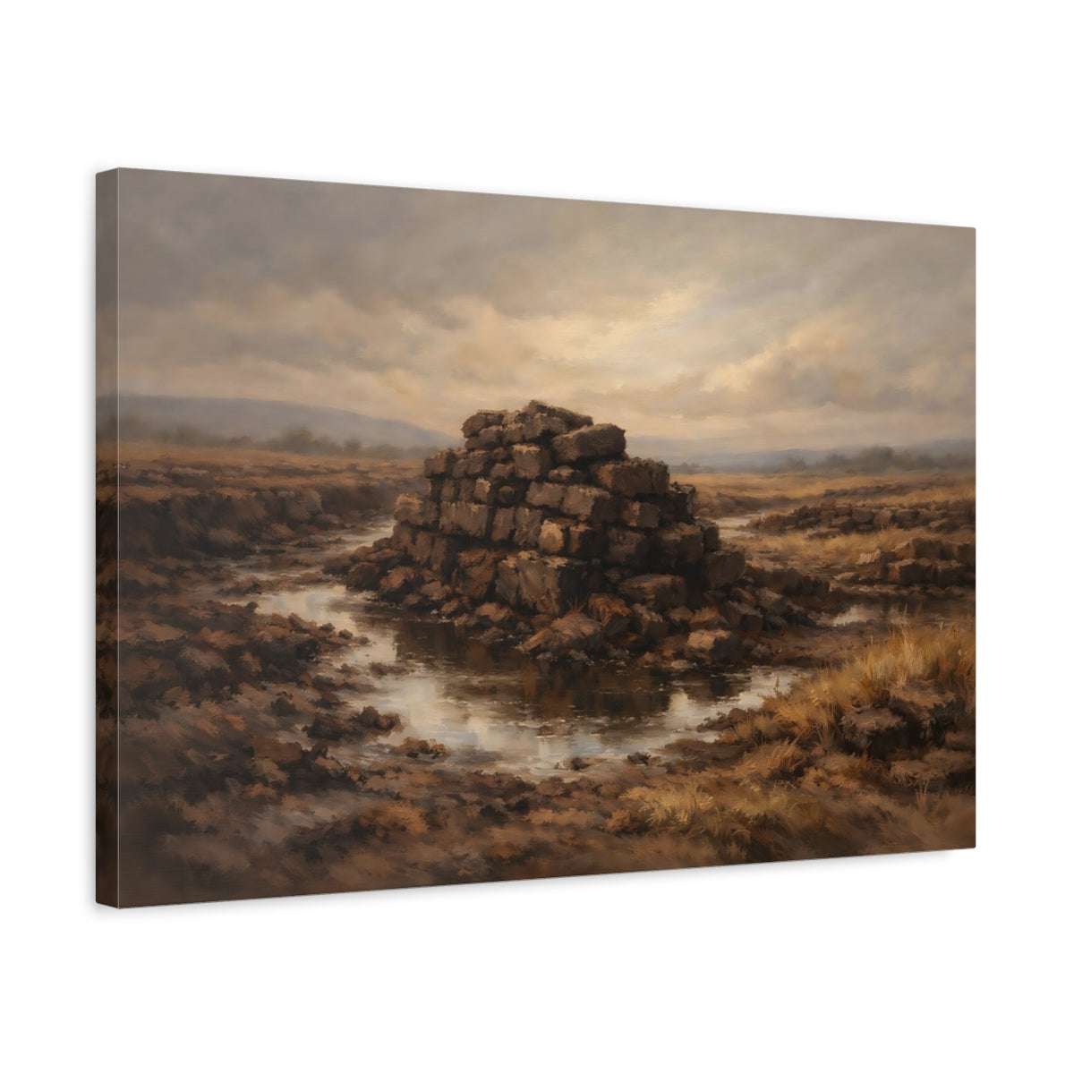 Side Mockup 3. Nature Peat Stack Brown Gold Landscape shown as stretched canvas wall art