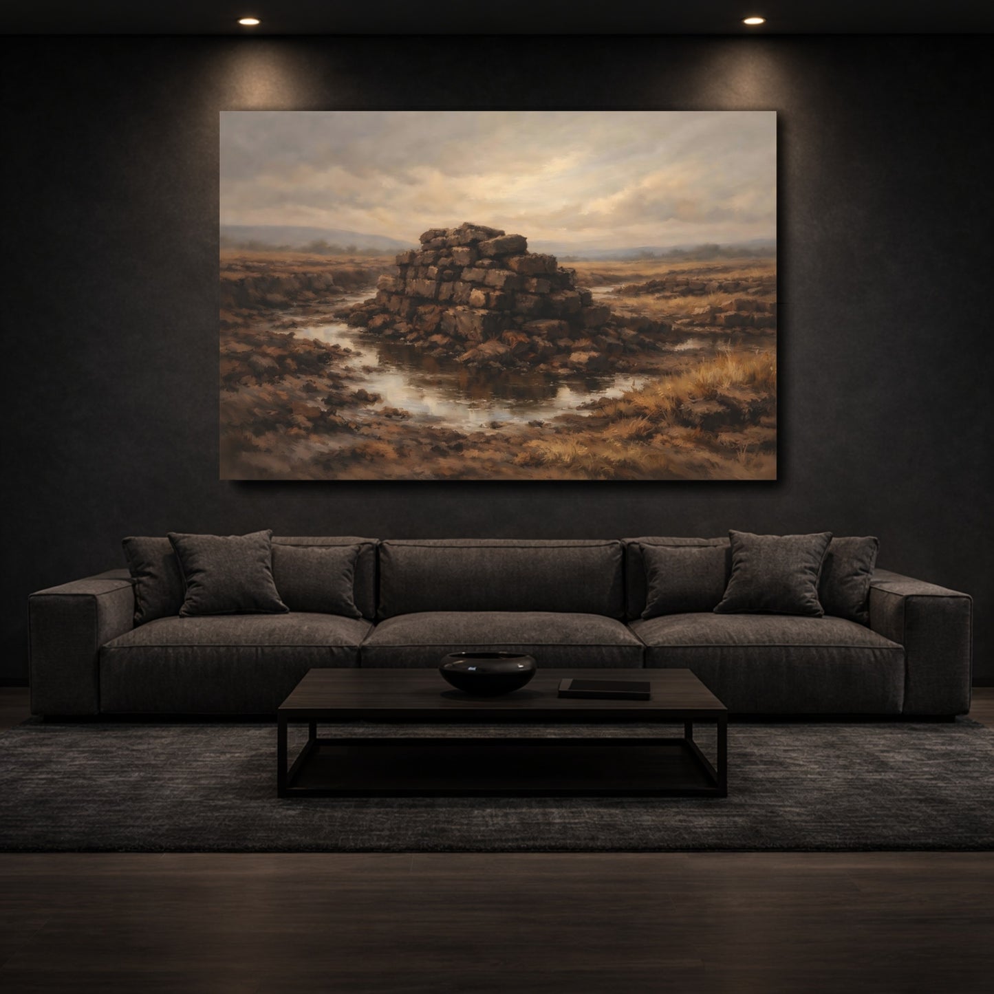 Mockup 2. Nature Peat Stack Brown Gold Landscape shown as stretched canvas wall art