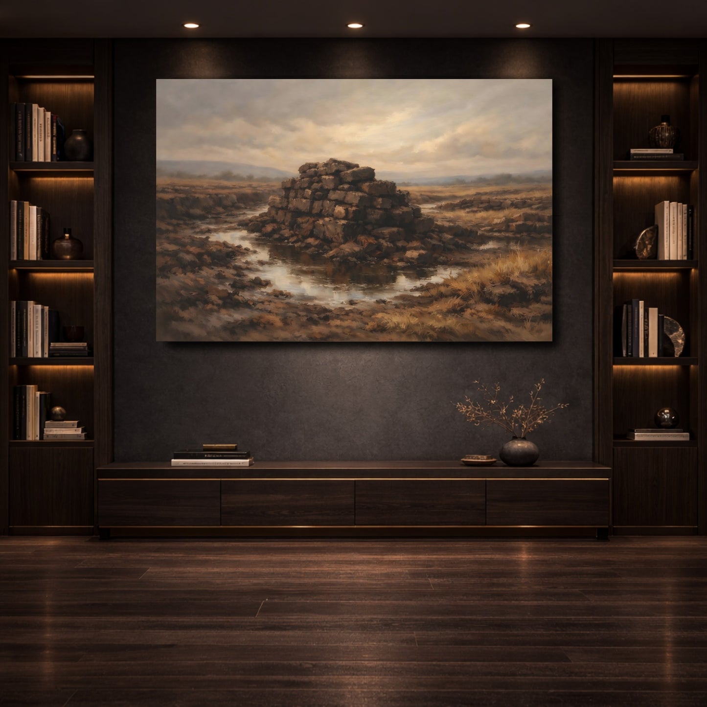 Mockup 3. Nature Peat Stack Brown Gold Landscape shown as stretched canvas wall art