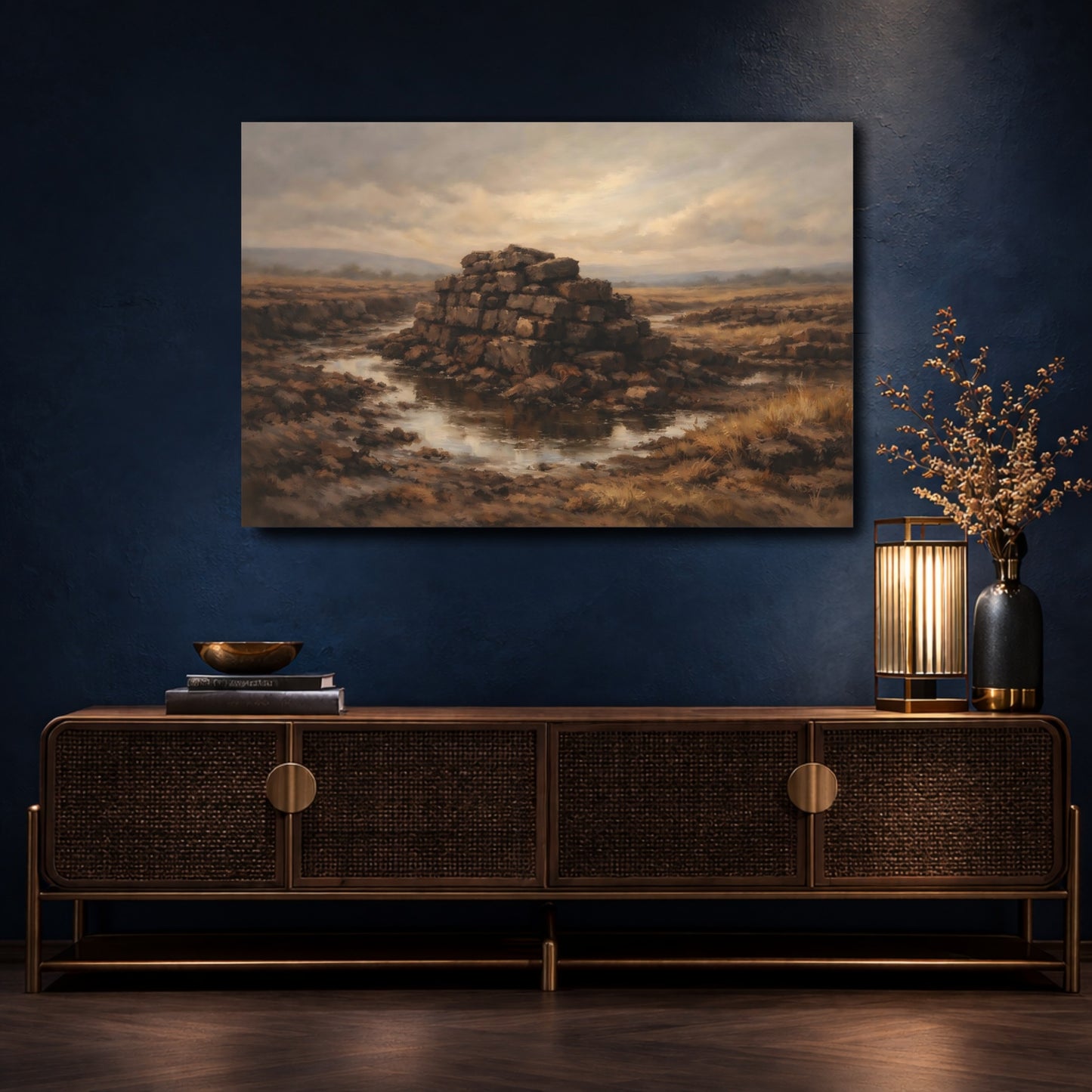 Mockup 4. Nature Peat Stack Brown Gold Landscape shown as stretched canvas wall art