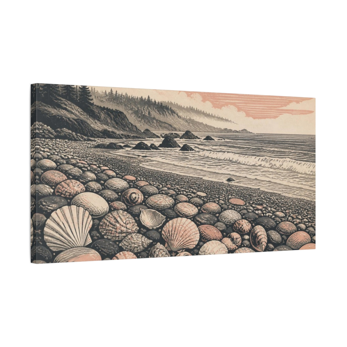 Side Mockup 1. Nature Pebble Beach Seashells shown as canvas print