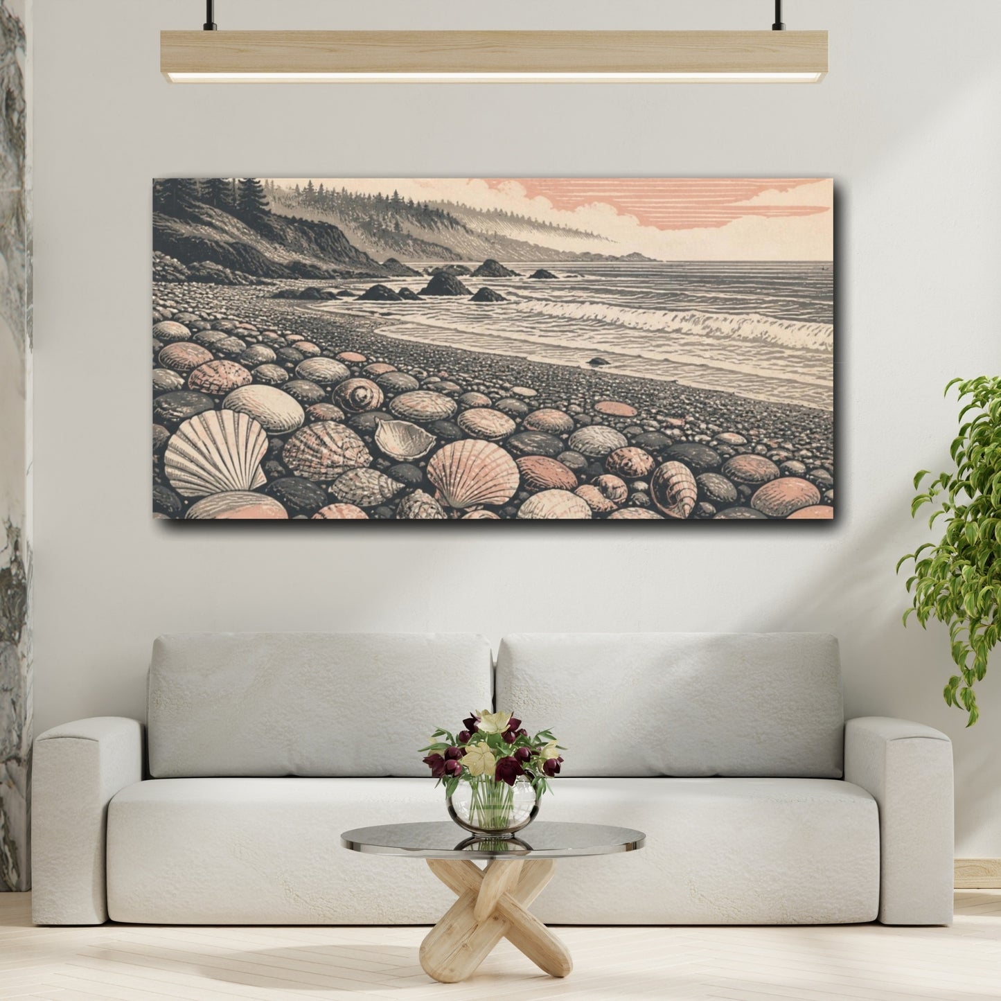 Mockup 2. Nature Pebble Beach Seashells shown as canvas print
